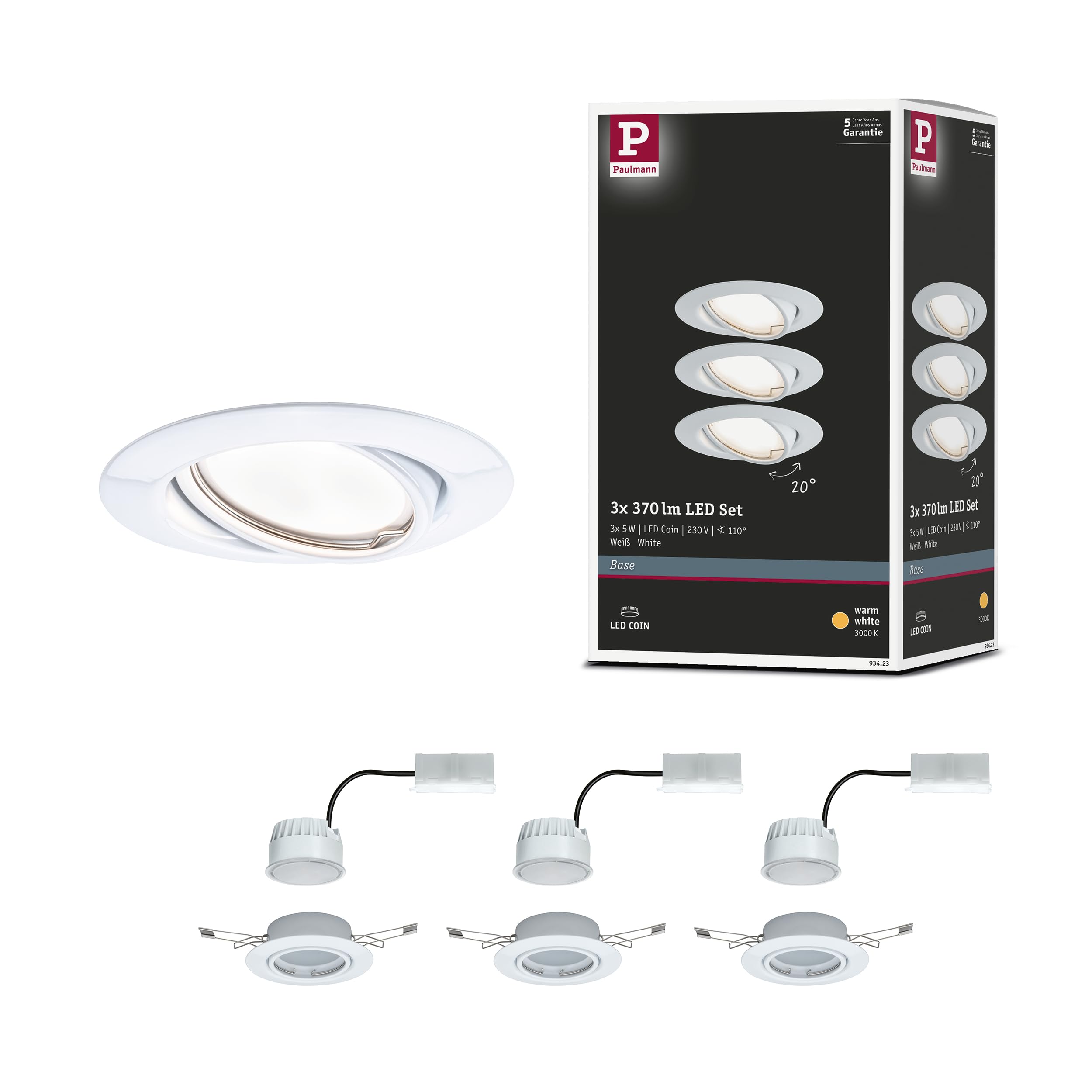 Paulmann Base LED Recessed Luminaire Round Set (3x5W, 3000K) - 9cm x 4.5cm, Matte White Metal, 3000K Warm White, Study, Dining Room, Hallway