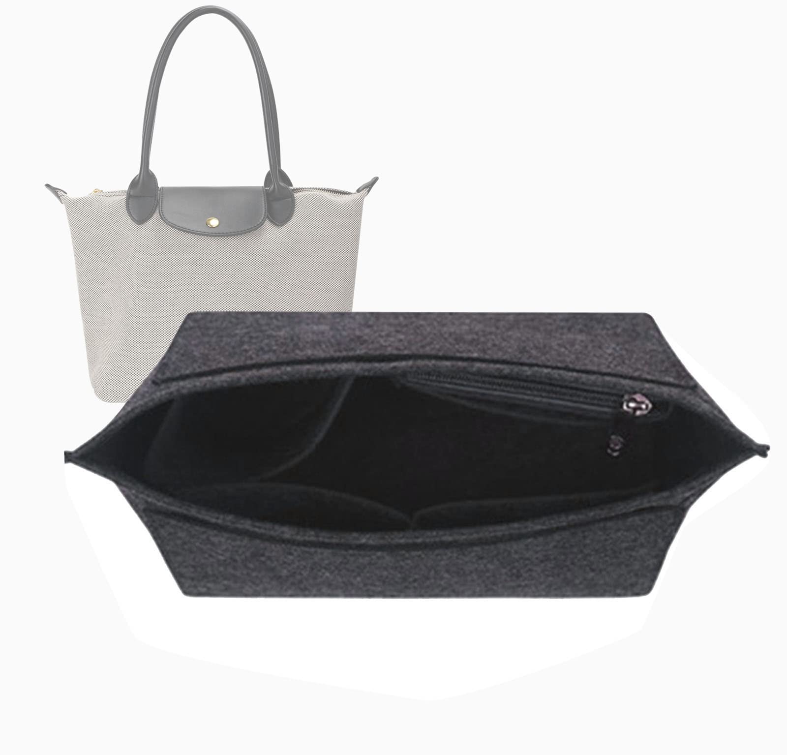 Lckaey tote bag organizer insert for Longchamp le pliage large tote insert felt purse zipper bag organizer 1028dark grey M/12.8 * 4.9 * 7.8in AG