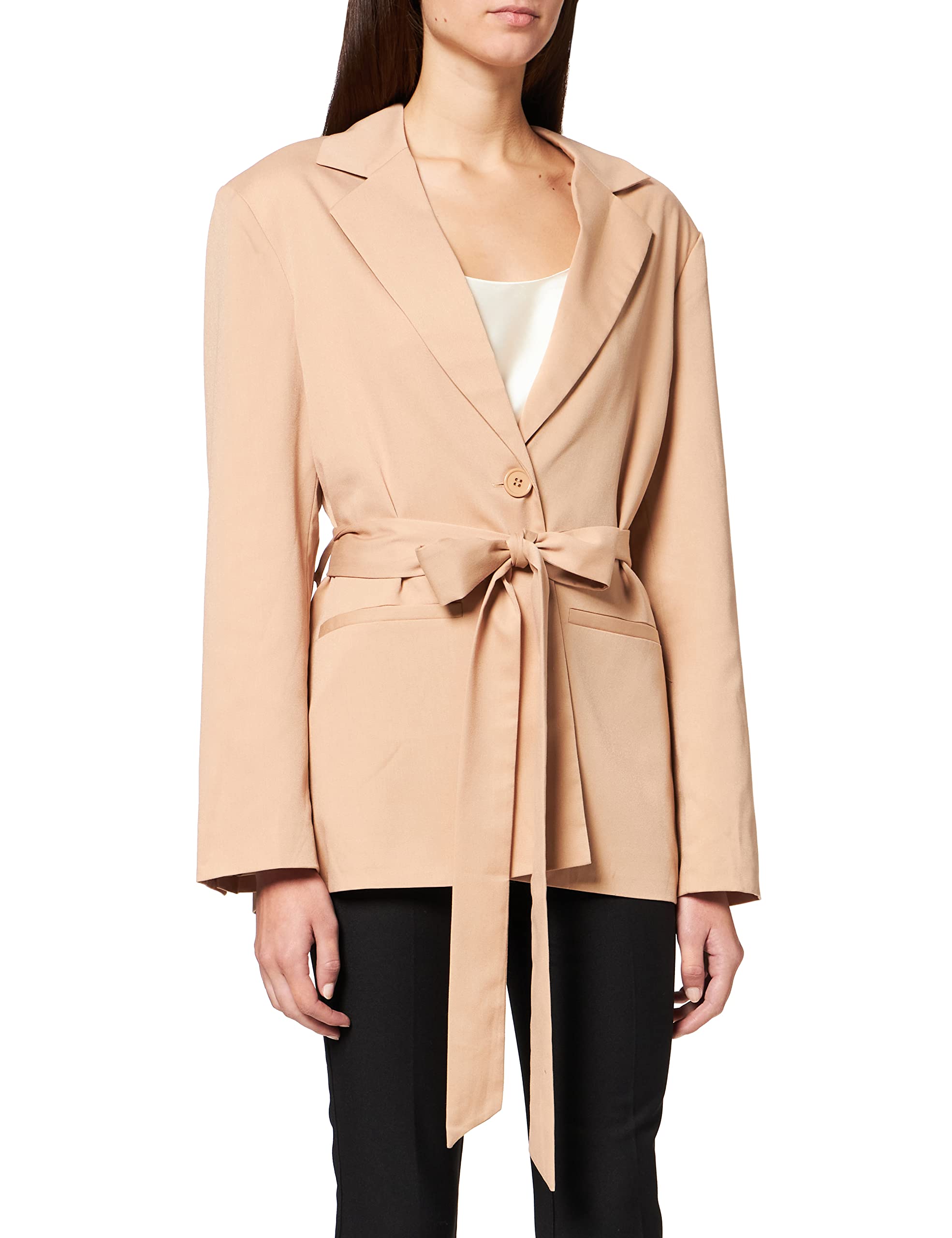 NA-KD Women's Oversized Belted Blazer, Beige, 14 UK
