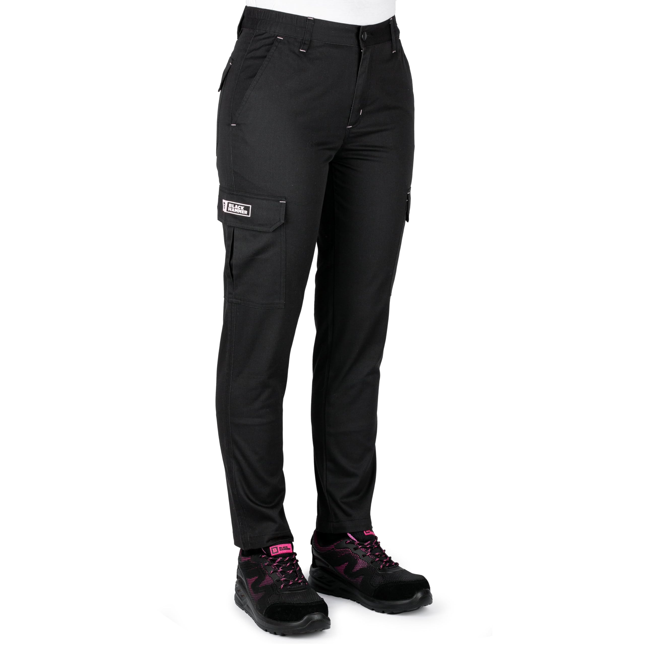 Black Hammer Womens Cargo Work Trousers Multi Pockets Elastic Waist Heavy Duty Triple Stitched Reinforcing Stress Point Endure Workwear (Size 20, 28" Leg) Black