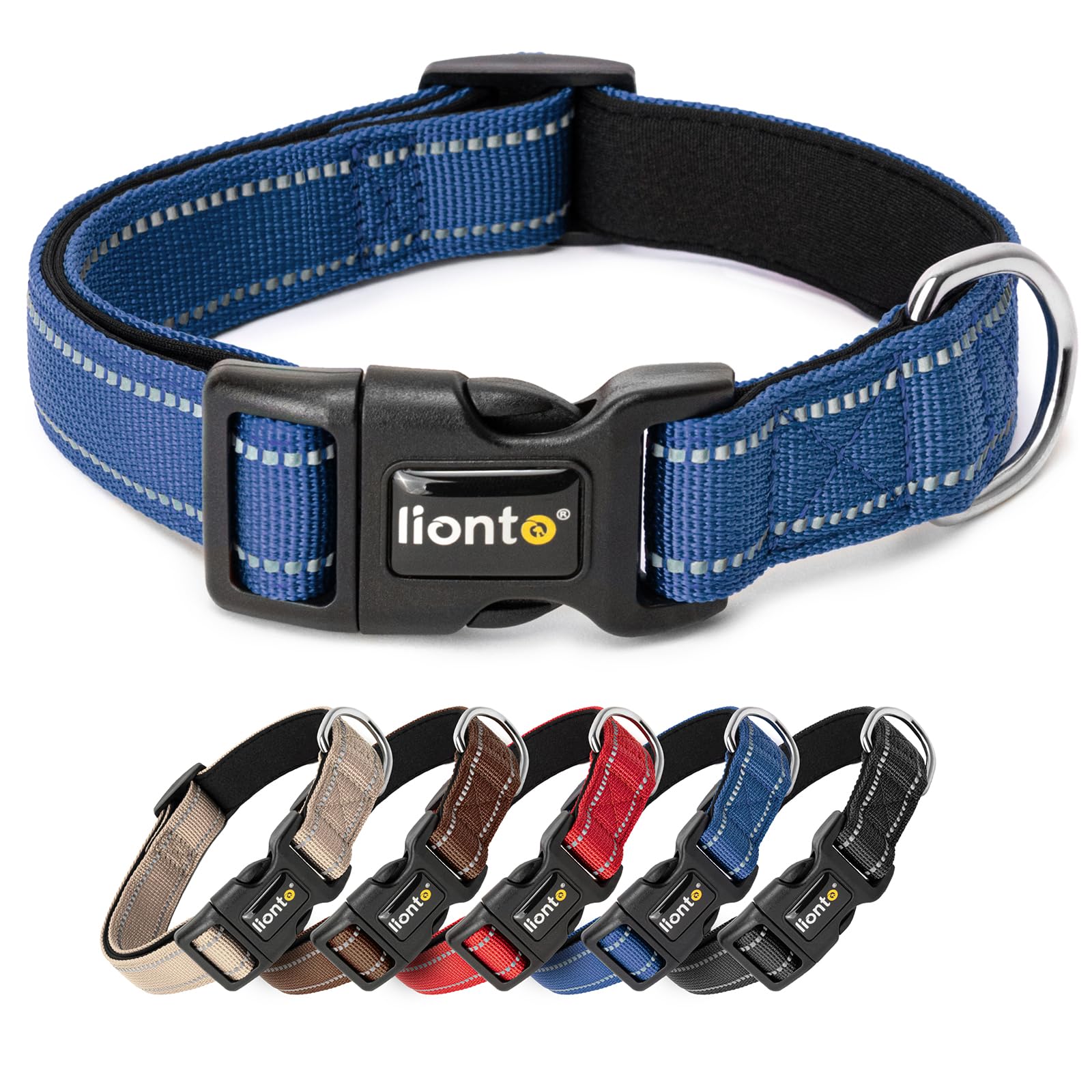 lionto Dog collar made of durable nylon, size M, soft padded collar for dogs, 360° reflective & click fastener, metal ring & adjustment with stepless slider, blue
