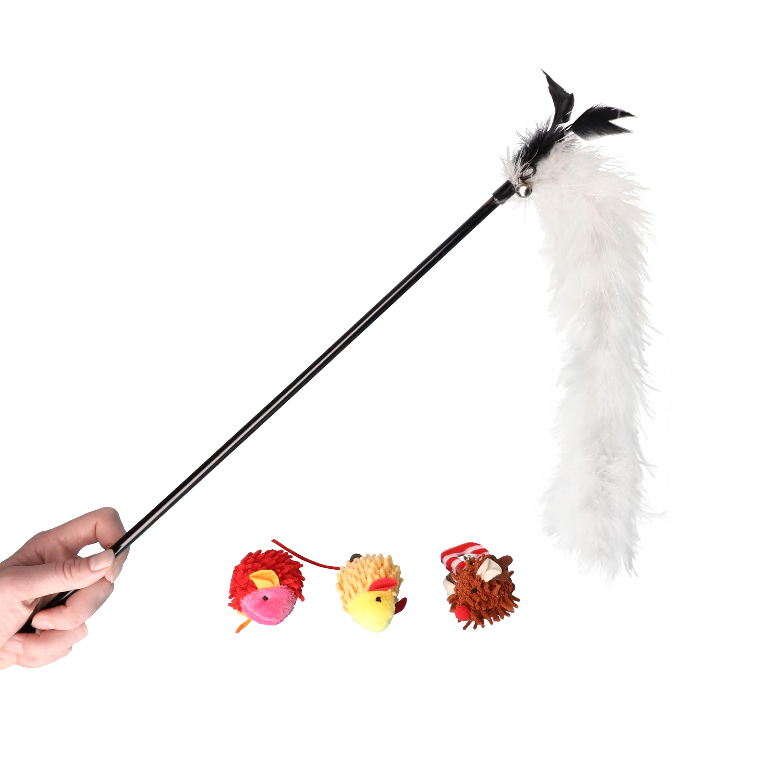 DINGO Cat Set: Wand with Feathers and Fluffy Tail, 2 Colorful Microfiber Mice, and Hedgehog-Mouse with a Catnip, 4 Toys with Bells, Attractive and Soft Textures for Cat (Z30037)