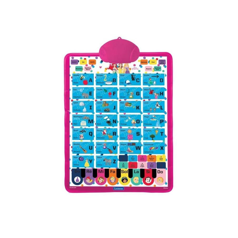 Lexibook, Disney Princess, Bilingual educational poster, vocabulary, music, quiz, English/French, Pink, JCMAT10DPi1