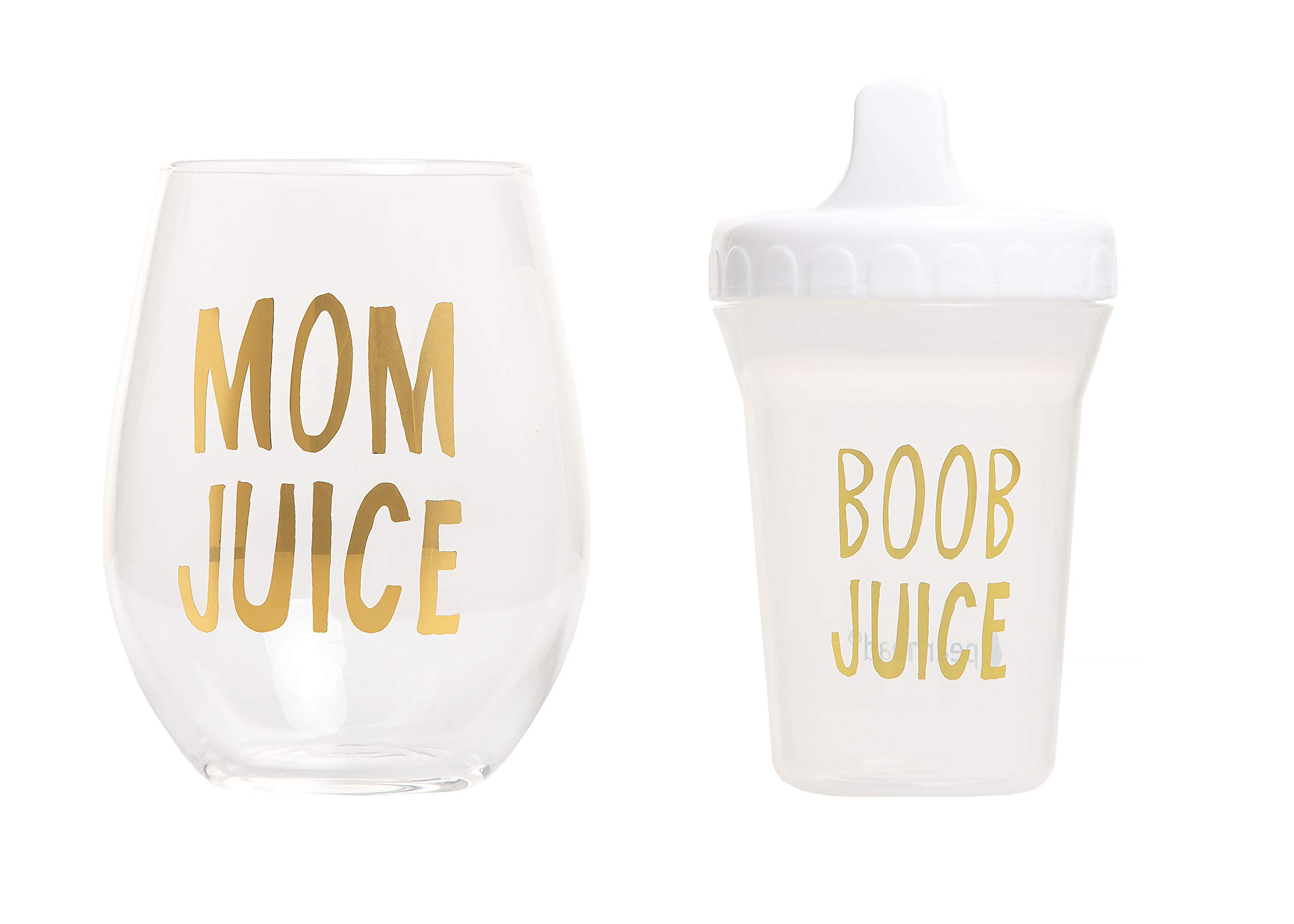 Pearhead Stemless Wine Glass and Sippy Cup Set, Matching Mom and Baby Drinkware Set, Mother’s Day Accessory for New Moms and Expecting Mothers, Gold