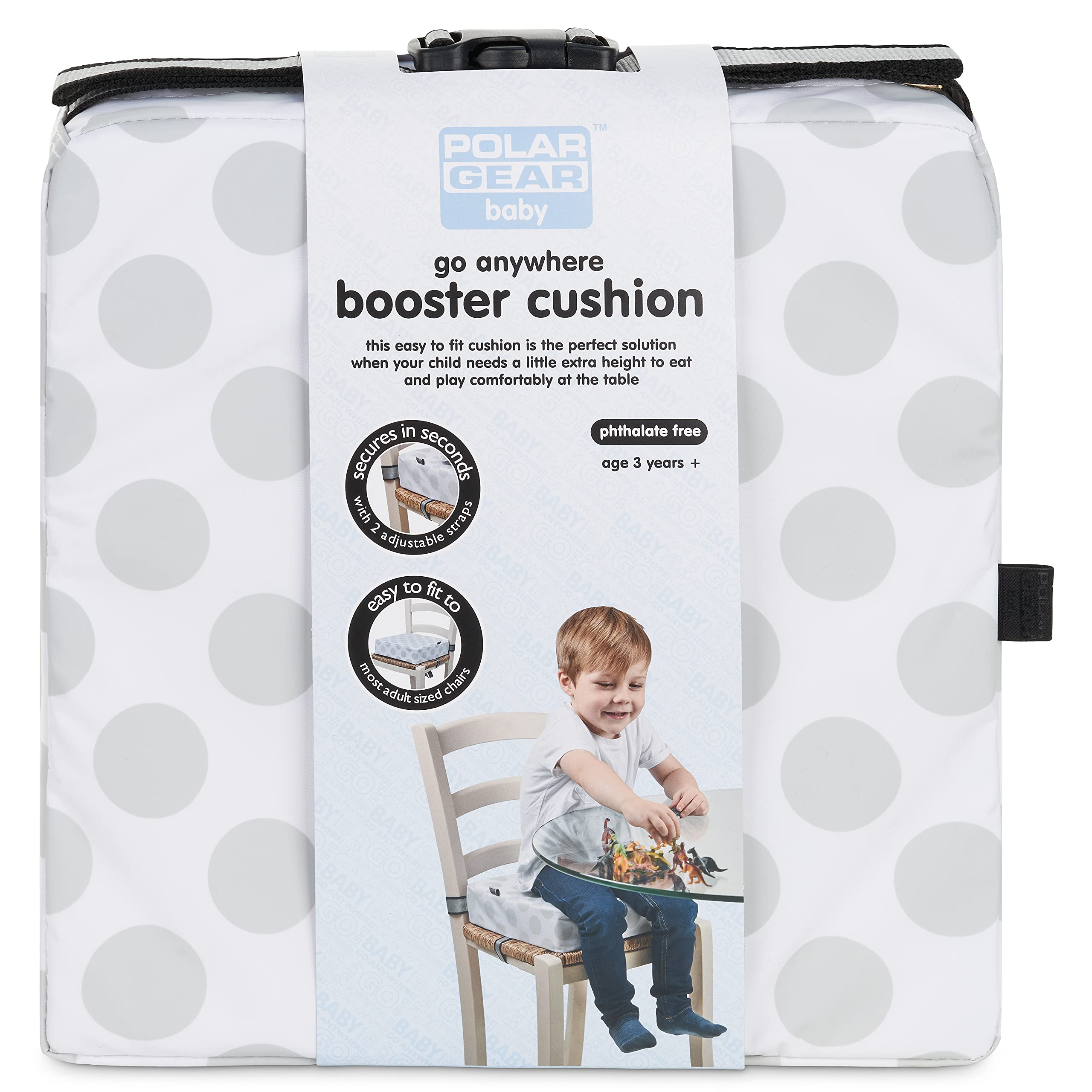 Polar Gear Baby Booster Cushion – Lightweight Booster Seat for Children 3 Years+ Easy to Clean Wipe Down Cover, Adjustable Straps – 8cm Thick Foam Booster Seat Dining Chair – Polka Dot