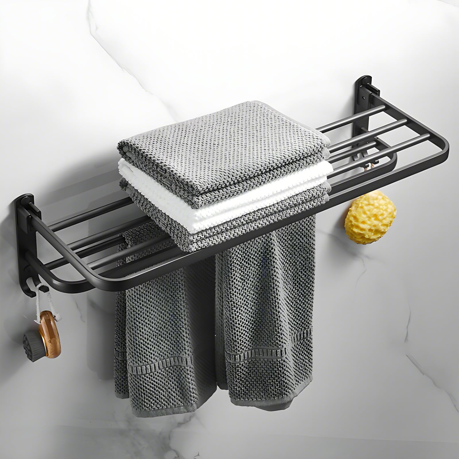 ASelected Bathroom Towel Rack with Double Towel Rails Black Towel Rail Self Adhesive Wall Mount with Hooks Stainless Steel Bath Towel Rail with Shelf for Bathroom Kitchen Hotel