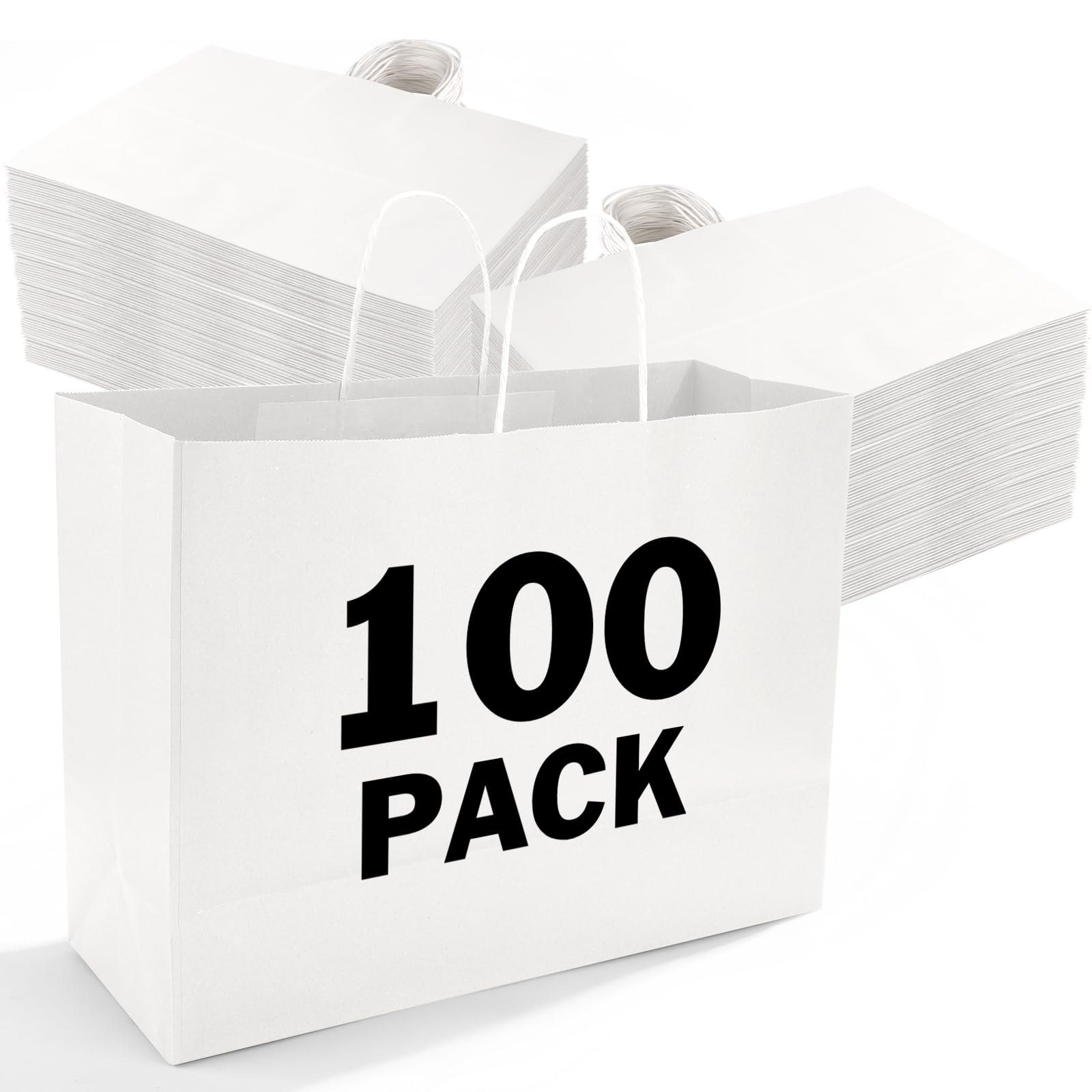 XPCARE Kraft Paper Gift Bags with Handles 100 Pcs 16x6x12 Inches Paper Shopping Bags White Paper Bags for Small Business Merchandise Wedding Party Favors