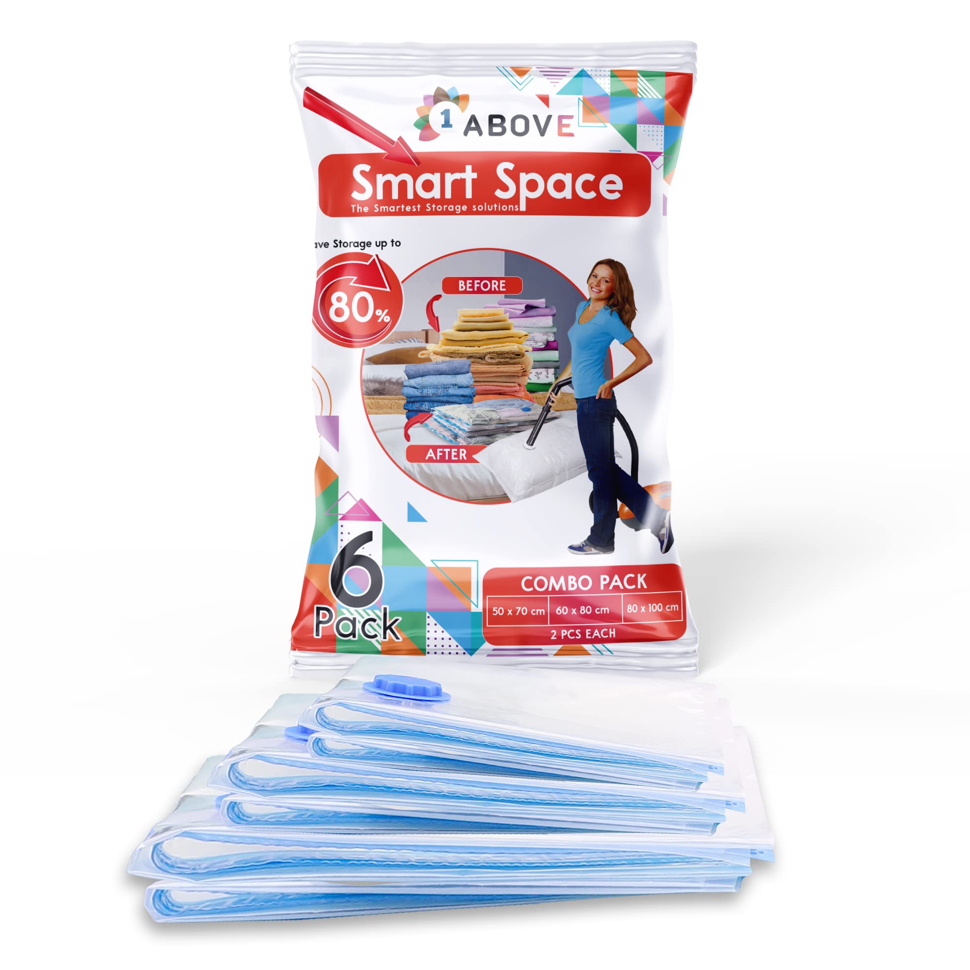 Accurate Pack of 6 Vacuum Compressed Storage Bags, Mould Moisture and Bug Proof, Double Zip High Sealing Triple Air Leak Patent Valve for Maximum Compression (VARIETY PACK (2M,2L,2J))