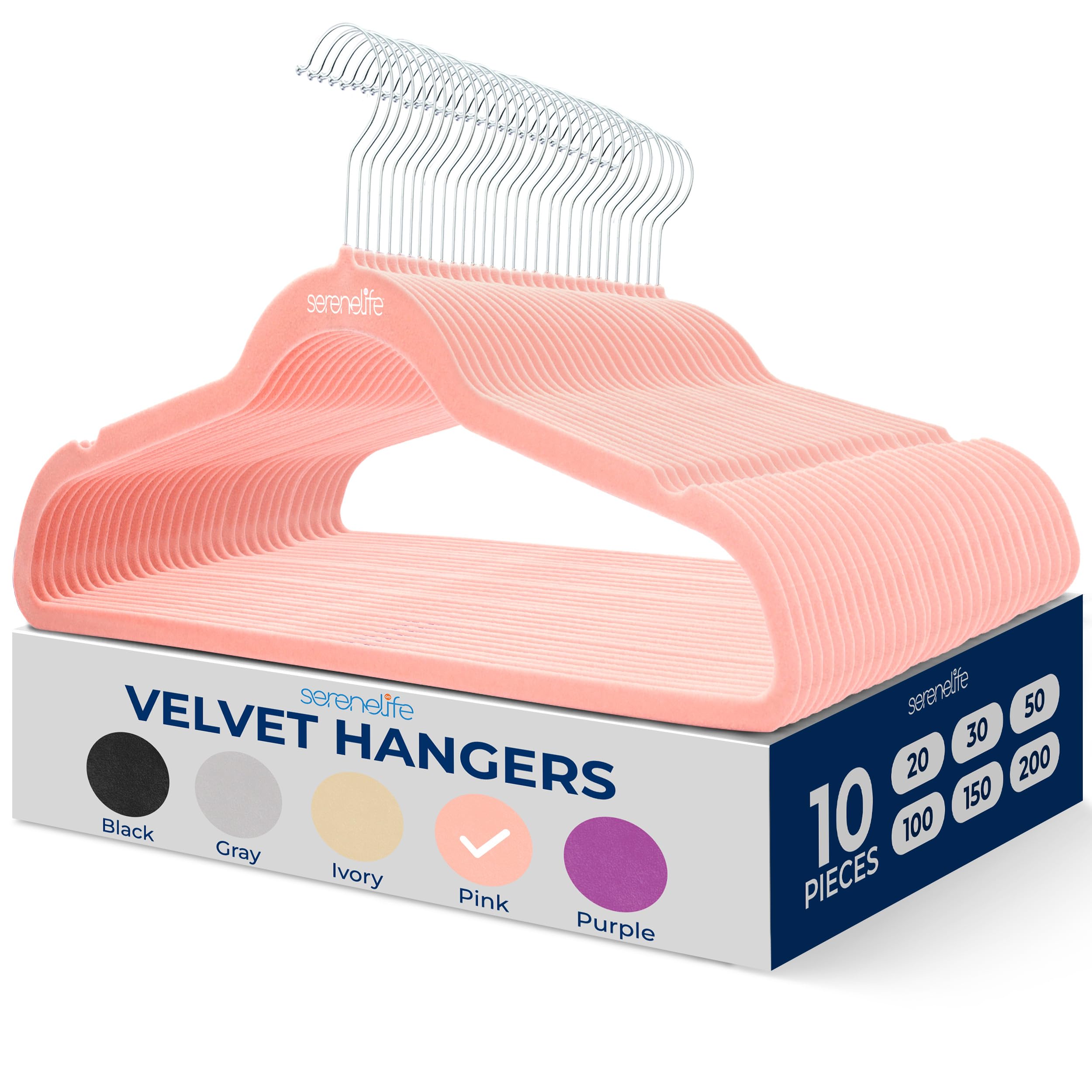 SereneLife Velvet Hangers 10 Pack – Non-Slip Felt Wardrobe Hangers with 360° Swivel Hook, Space Savers, for Coats, Knitwear, & Clothes (Pink)