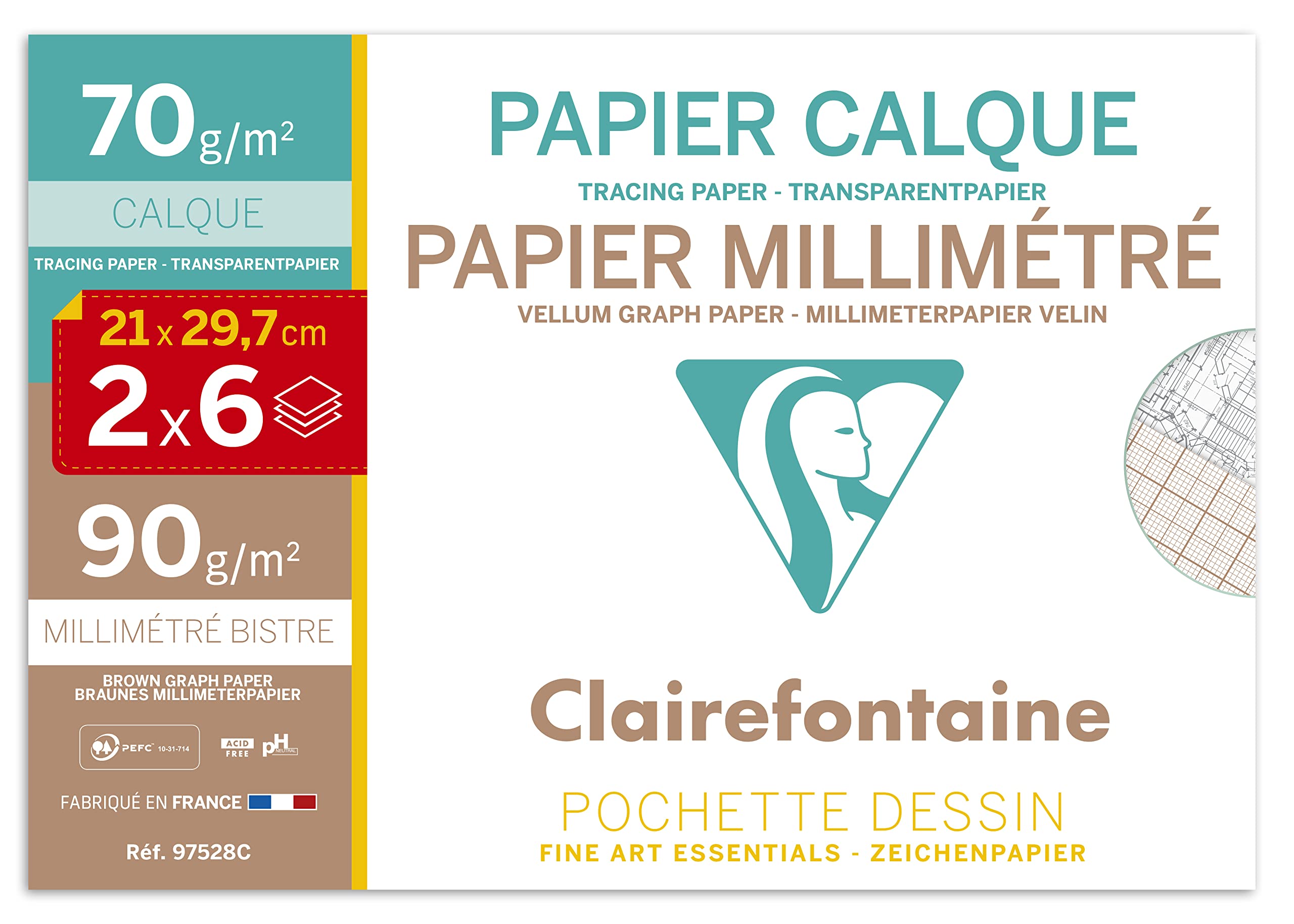 Clairefontaine - Ref 97528C - White Vellum Graph Paper (12 Sheets) - A4 (297 x 210mm) Sized, 70gsm Paper, Graph Rulings, Sepia Front & Blue Back, Smooth Surface