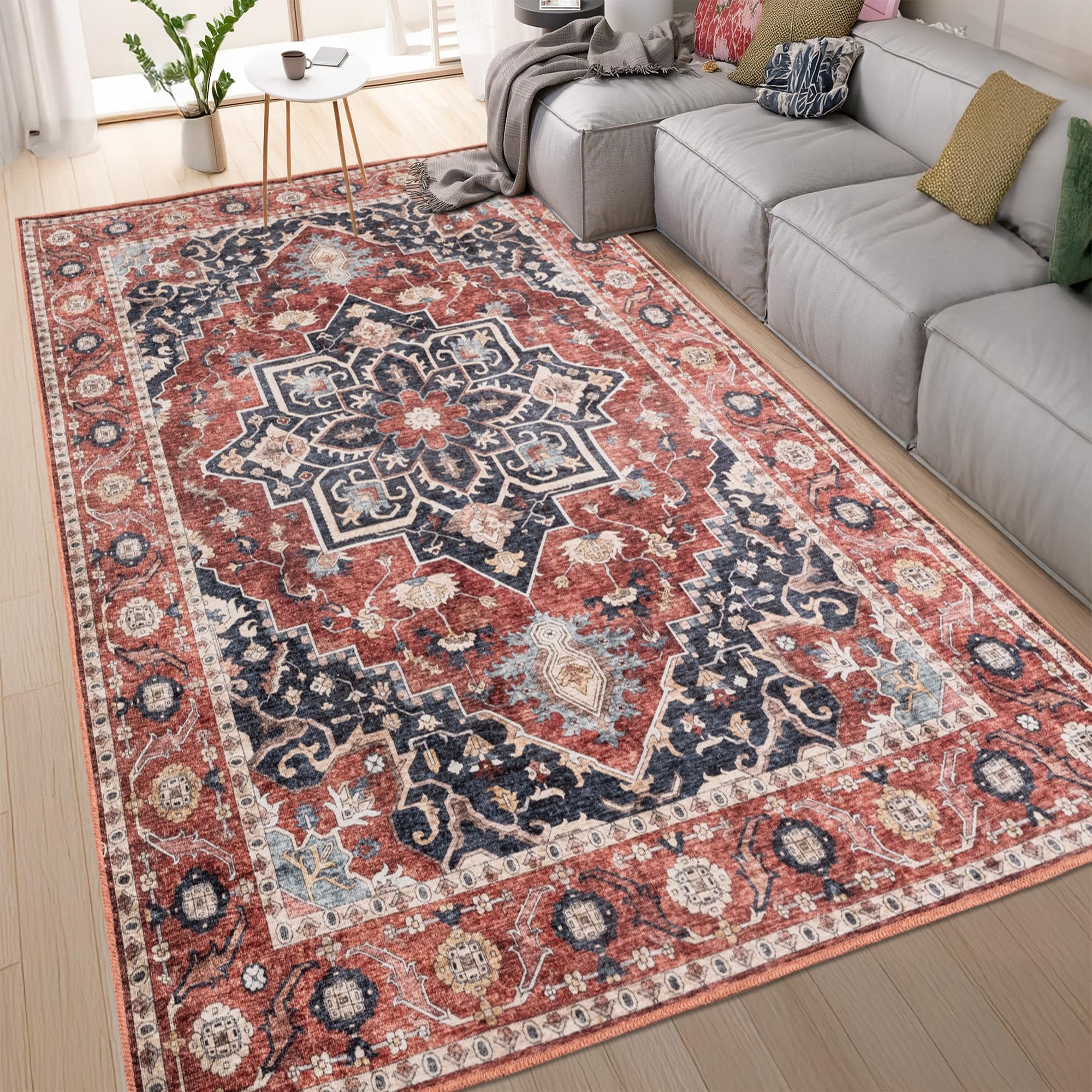 homeart Machine Washable Rug -%63 Cotton, Low Pile Carpet with Non Slip Backing - Non-Shedding Large Rugs for Living Room, Bedroom, Kitchen, Dining Room, Hallway - Elegance Navy Terra, 200x290 cm