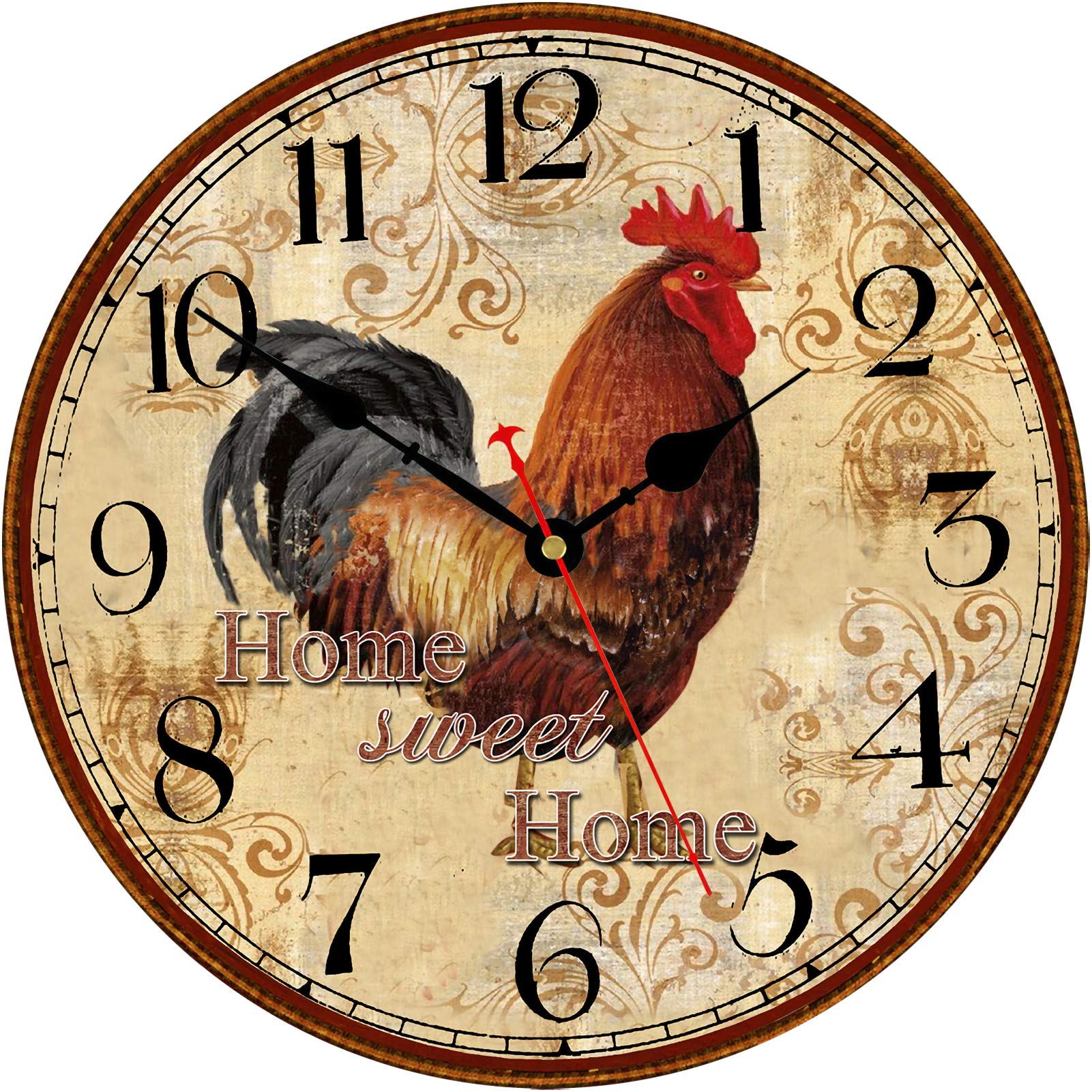 TAHEAT Farmhouse Rooster Wall Clock Battery Operated Silent Arabic Numerals Clock, Country Vintage Wall Clocks for Home/Office/School, 8 Inch