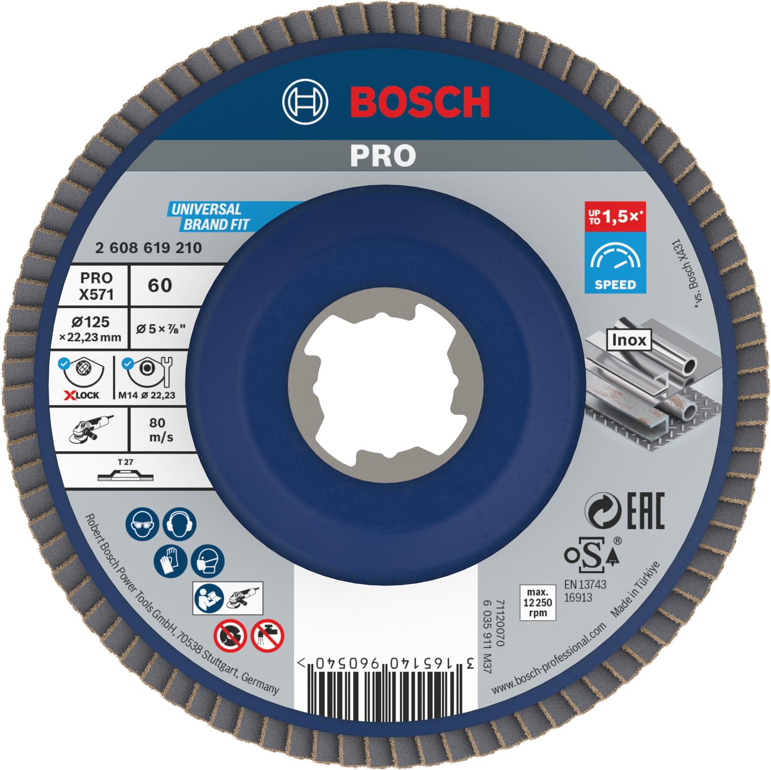 Bosch Professional 1x Straight Flap Disc Best (for Metal, X-LOCK, X571, Diameter 125 mm, Grit Size K60, Bore Diameter 22.23 mm, Accessories for Angle Grinders)