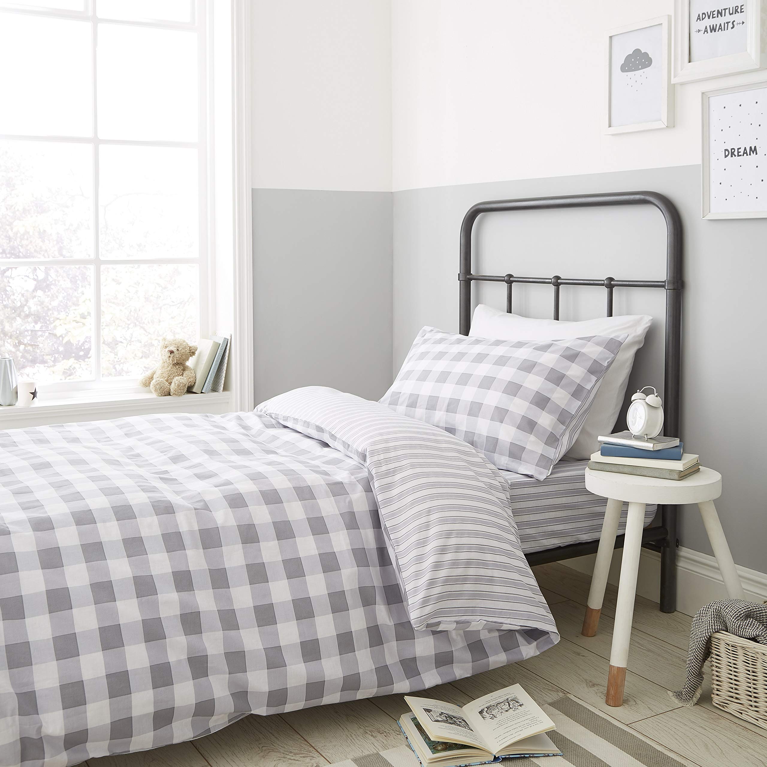 Bianca Cotton Soft Check and Stripe Grey Duvet Cover Set 200x220+50x80(2) and Fitted Sheet 140x200 White