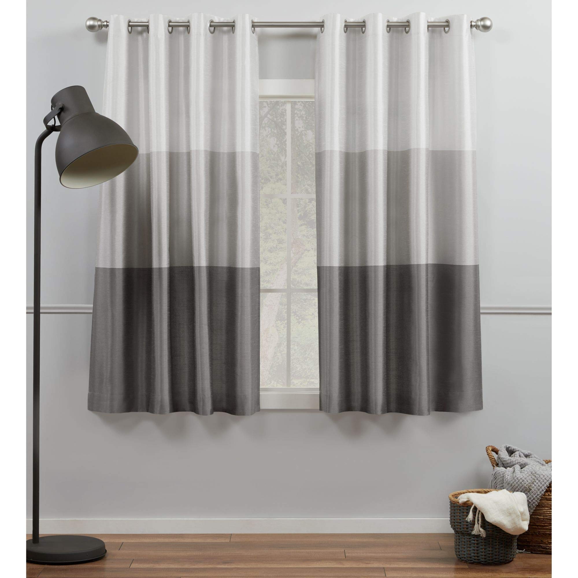 Exclusive Home Chateau Striped Faux Silk Grommet Top Curtain Panel Pair, 54"x63", Black Pearl