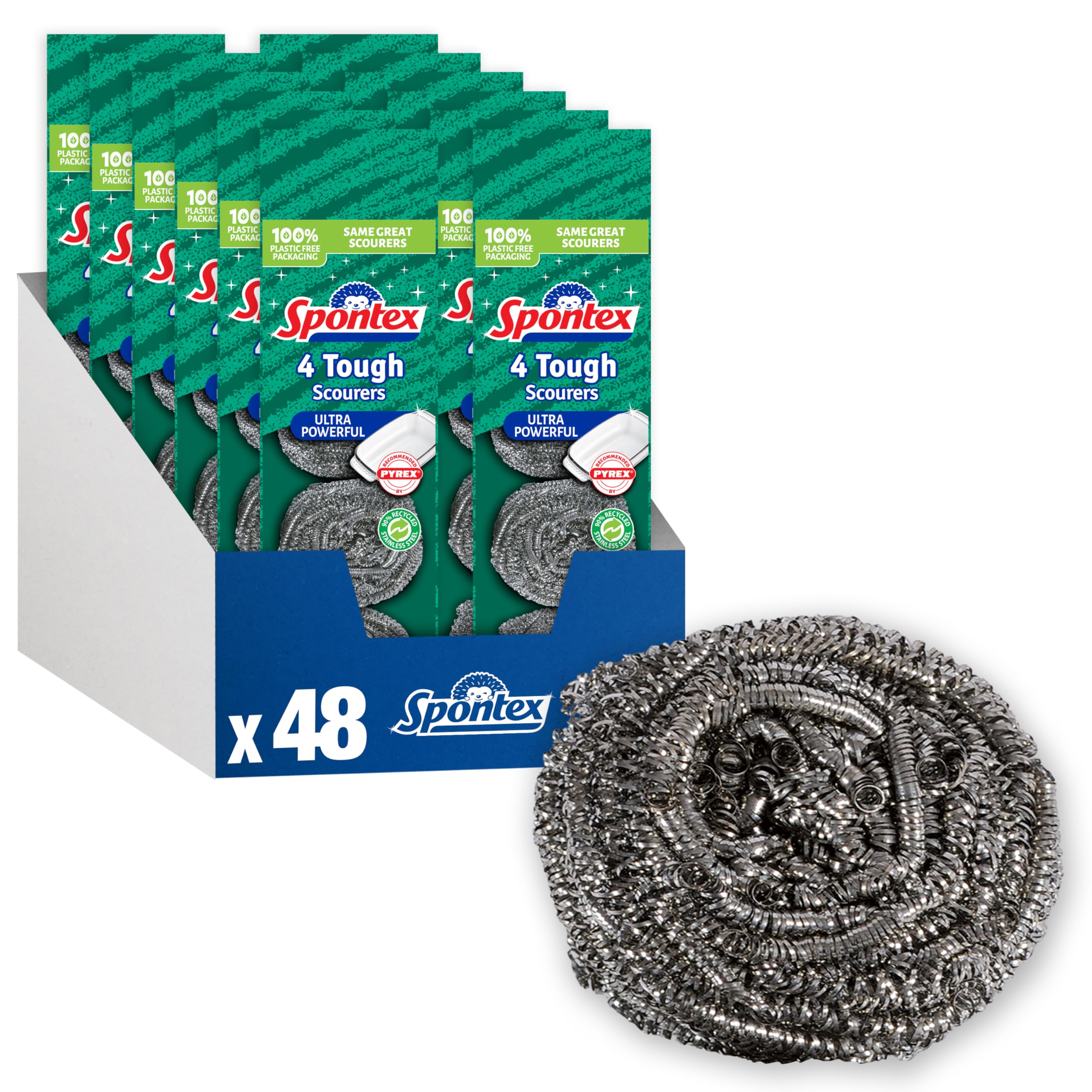Spontex Tough Kitchen Scourers | Wire Wool Pan Scourers | 90% Recycled Rust-Free Stainless Steel | Cleans Ovens, BBQs, Glass Dishes & Jugs | 48 Count