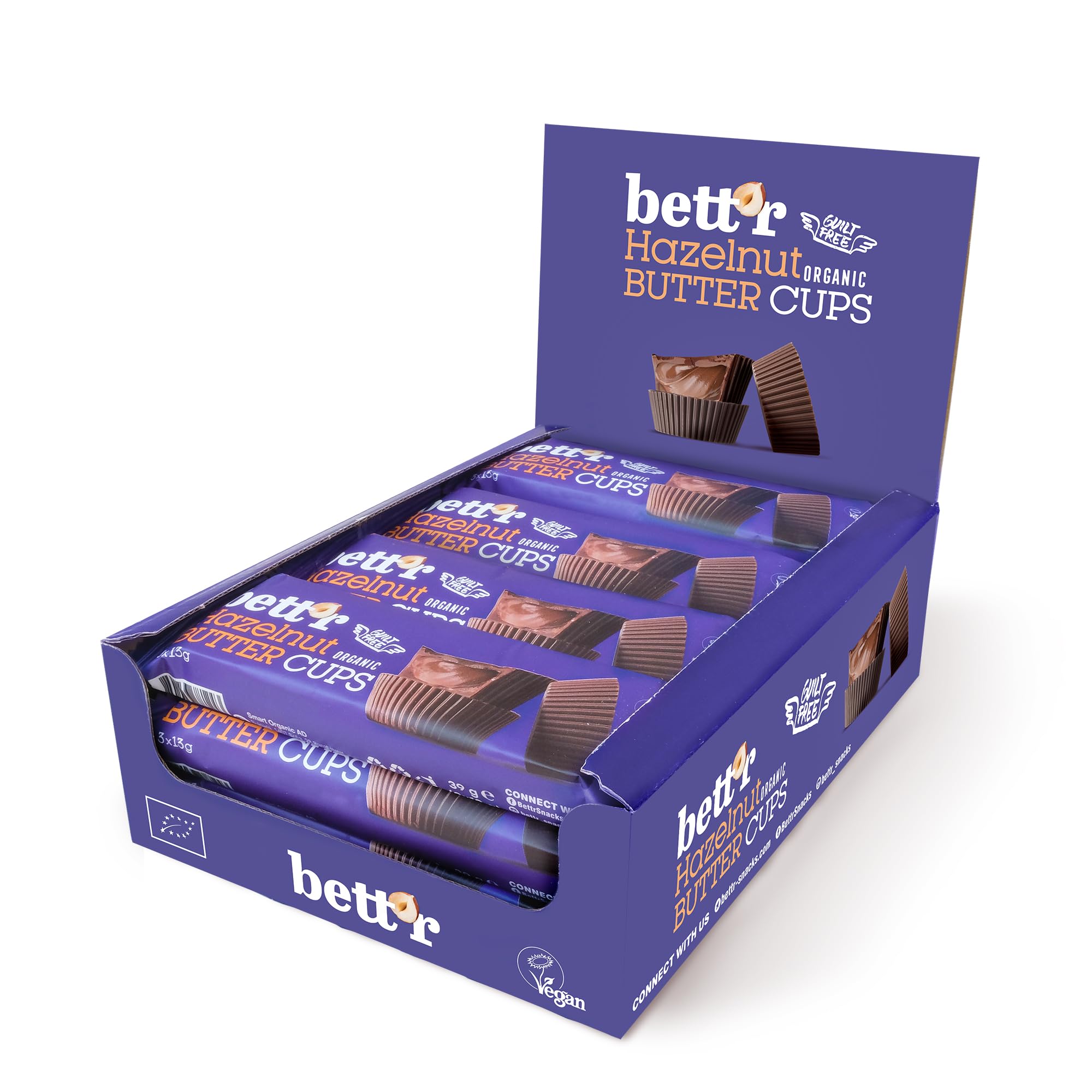 Bett’r Bio Hazelnut Butter Cups. 100% Vegan, Gluten free and Lactose free - 12 x 39 g