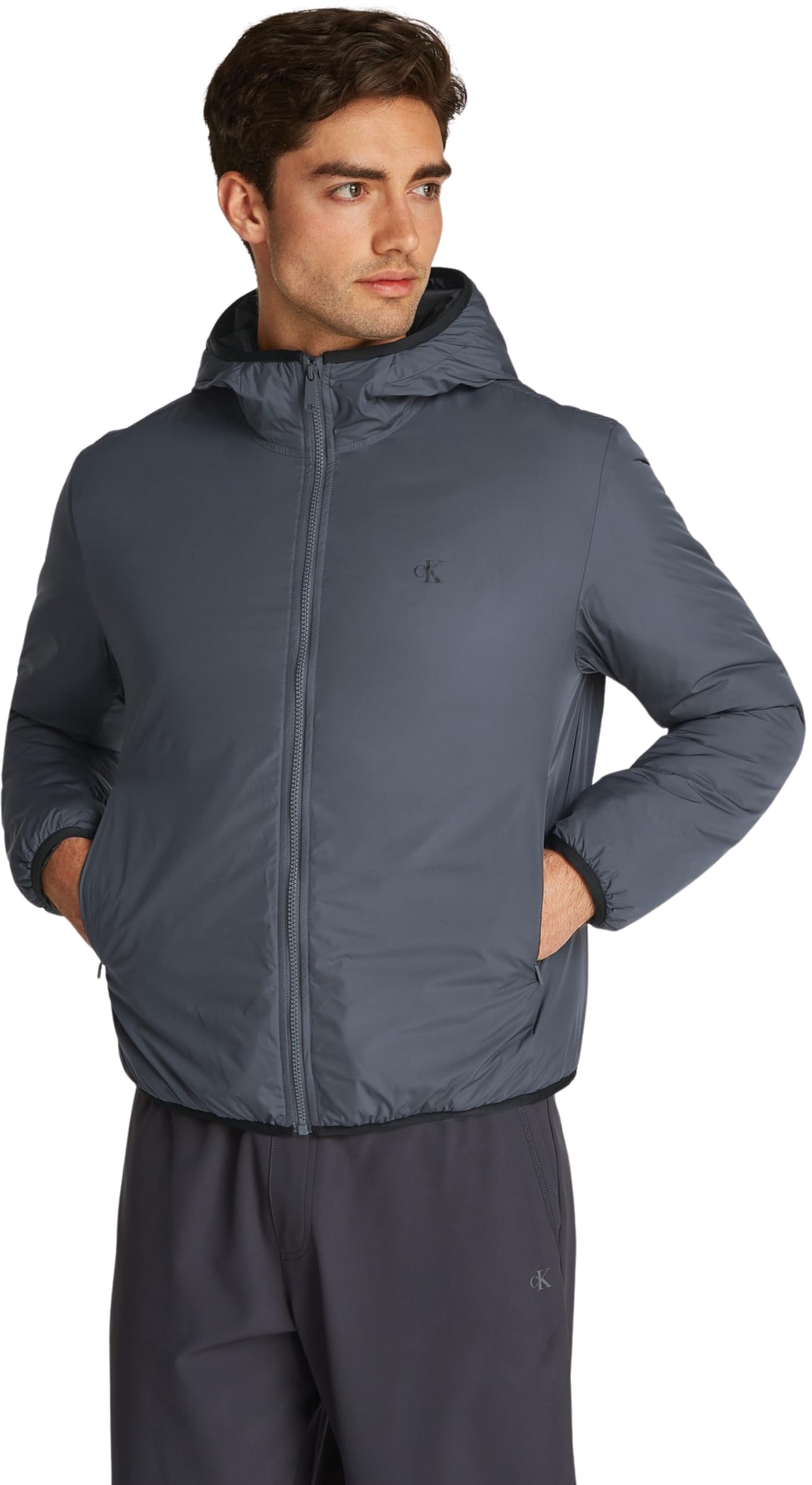 Calvin Klein Men’s High Neck Windbreaker with Hood, Grey (Ebony), XS