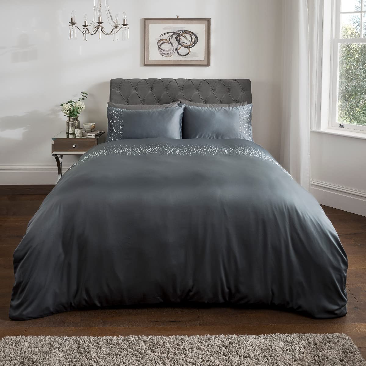 Sleepdown Gem Embellished Sateen Charcoal Grey Soft Comfortable Duvet Cover with Pillowcase Double Size (200cm x 200cm)