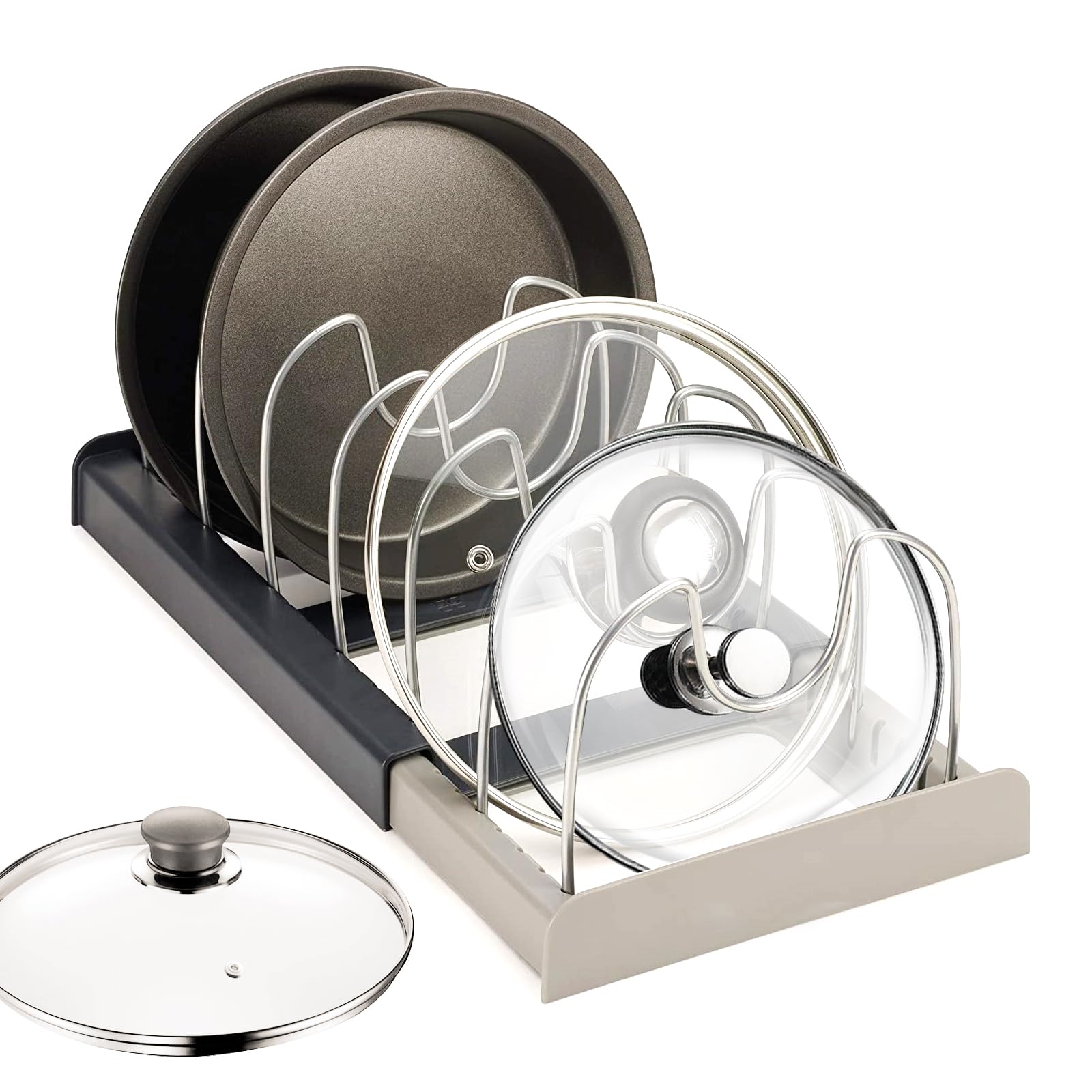 KOOSREEL Expanding Cookware Organiser & Expandable Pans Organiser Rack, Pantry Cupboard Bakeware Lid Plate Holders, Space saving storage for pan lids, baking trays - Grey
