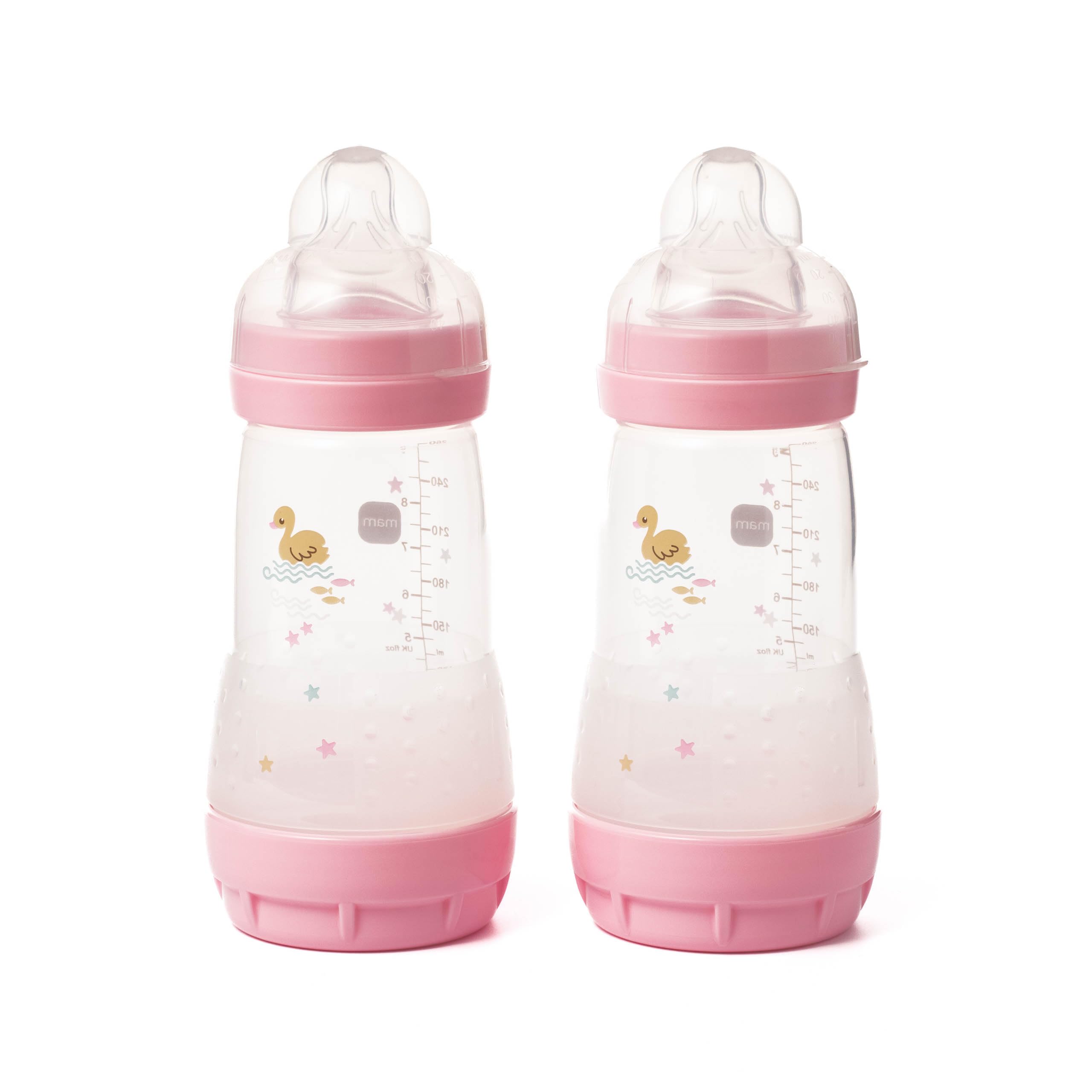MAM Easy Start Anti-Colic Baby Bottles | 2 Pack (2 x 260ml) | Self-Sterilising Baby Milk Bottle | Medium Flow MAM Teat Size 2 | Newborn Essentials | Pink (Various Designs)