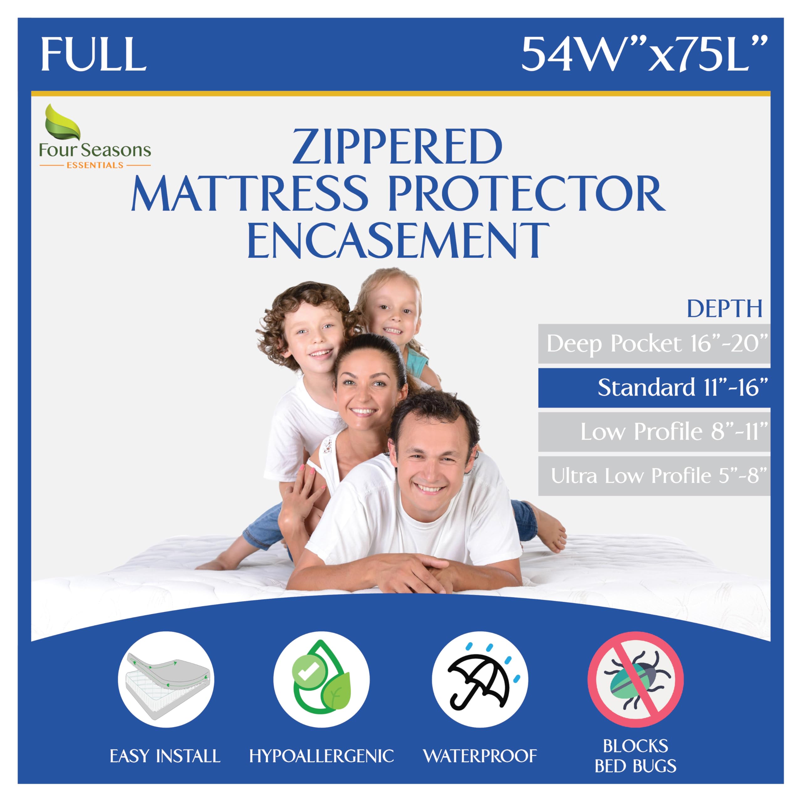 Full Size Mattress Protector Zippered Waterproof Encasement Hypoallergenic Premium Quality Cover Protects Against Dust, Allergens