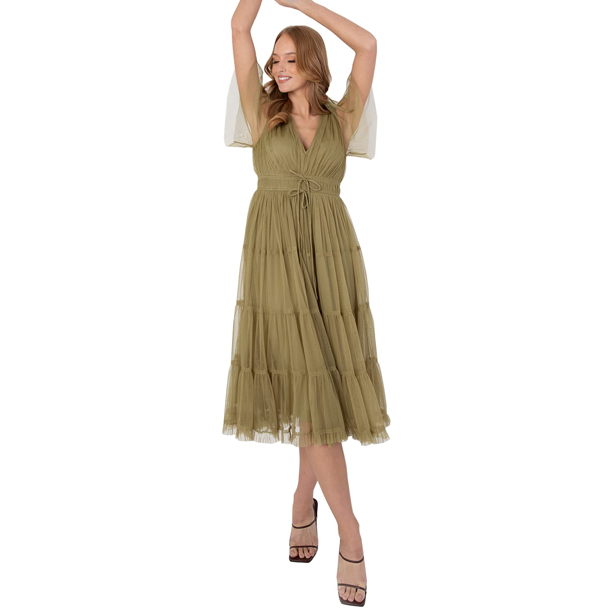 Anaya with Love Women's Womens Midi for Ladies Tiered V Neckline Short Sleeve Frilly Cord Wedding Guest Eveni Dress, Olive, 12 UK