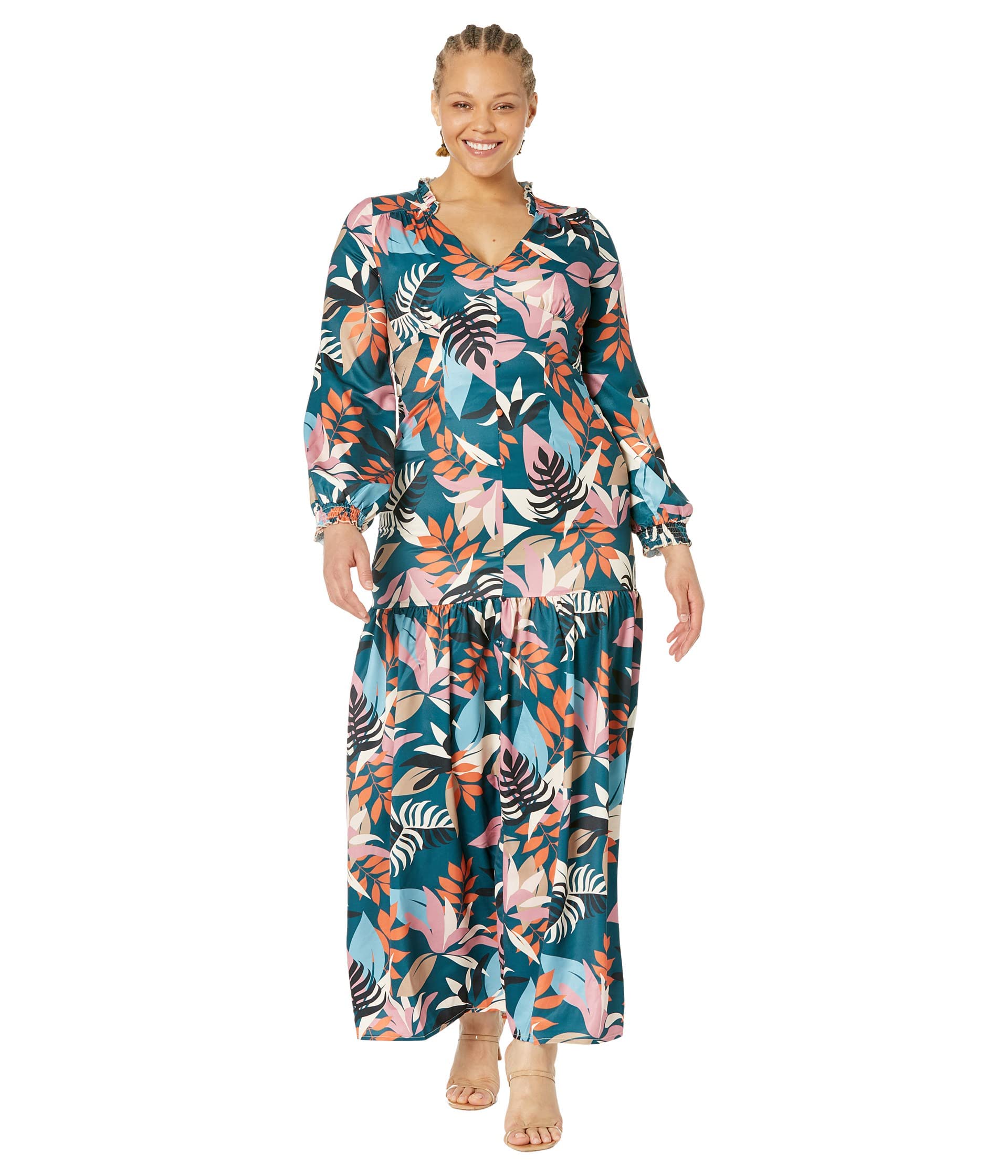 Little Mistress Women's Barcelona Leaf Print Satin Frill Maxi Dress, Multicolour, 12 UK