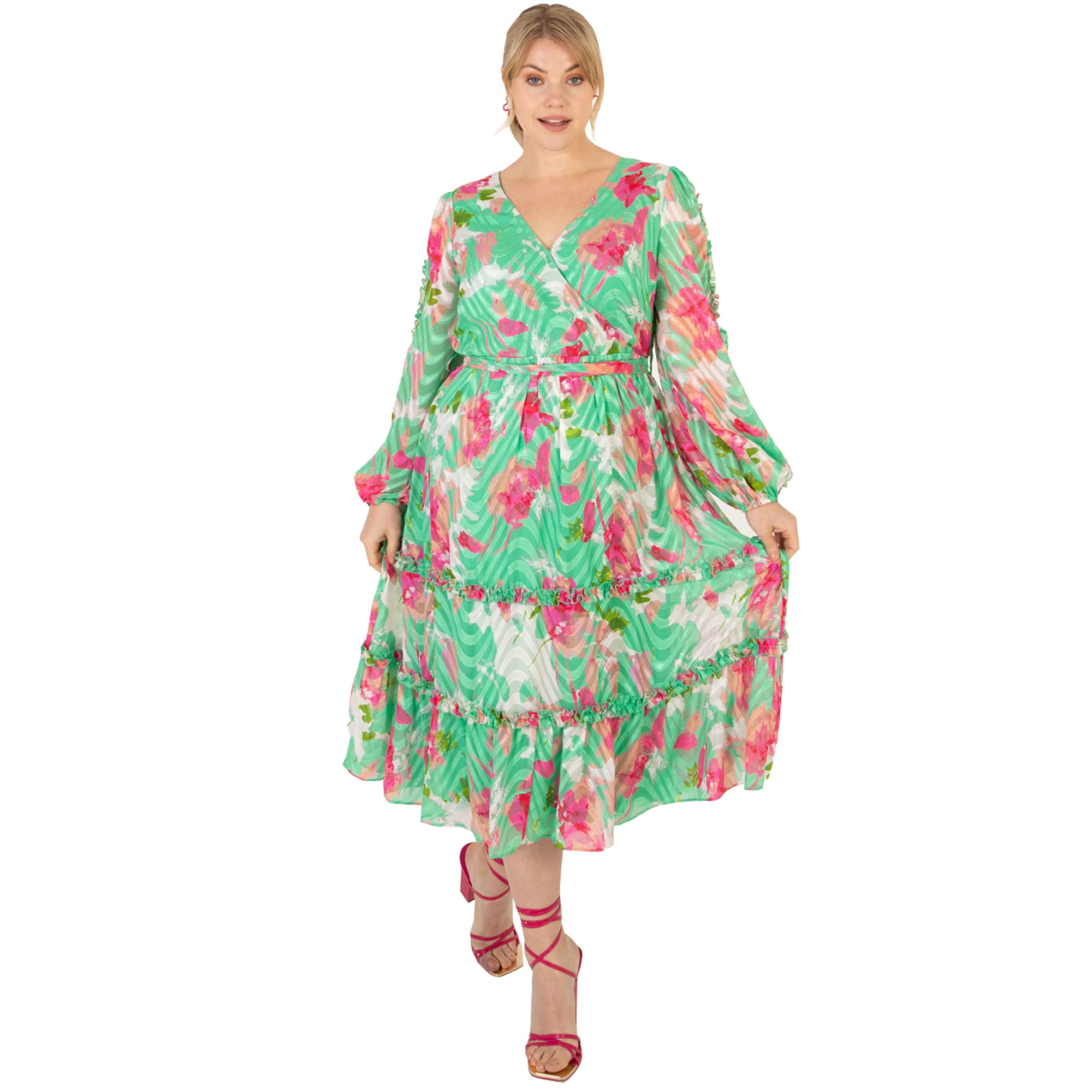 Lovedrobe Plus Size Dresses for Womens Ladies Long Sleeve Maxi Dress Green Print Size 16
