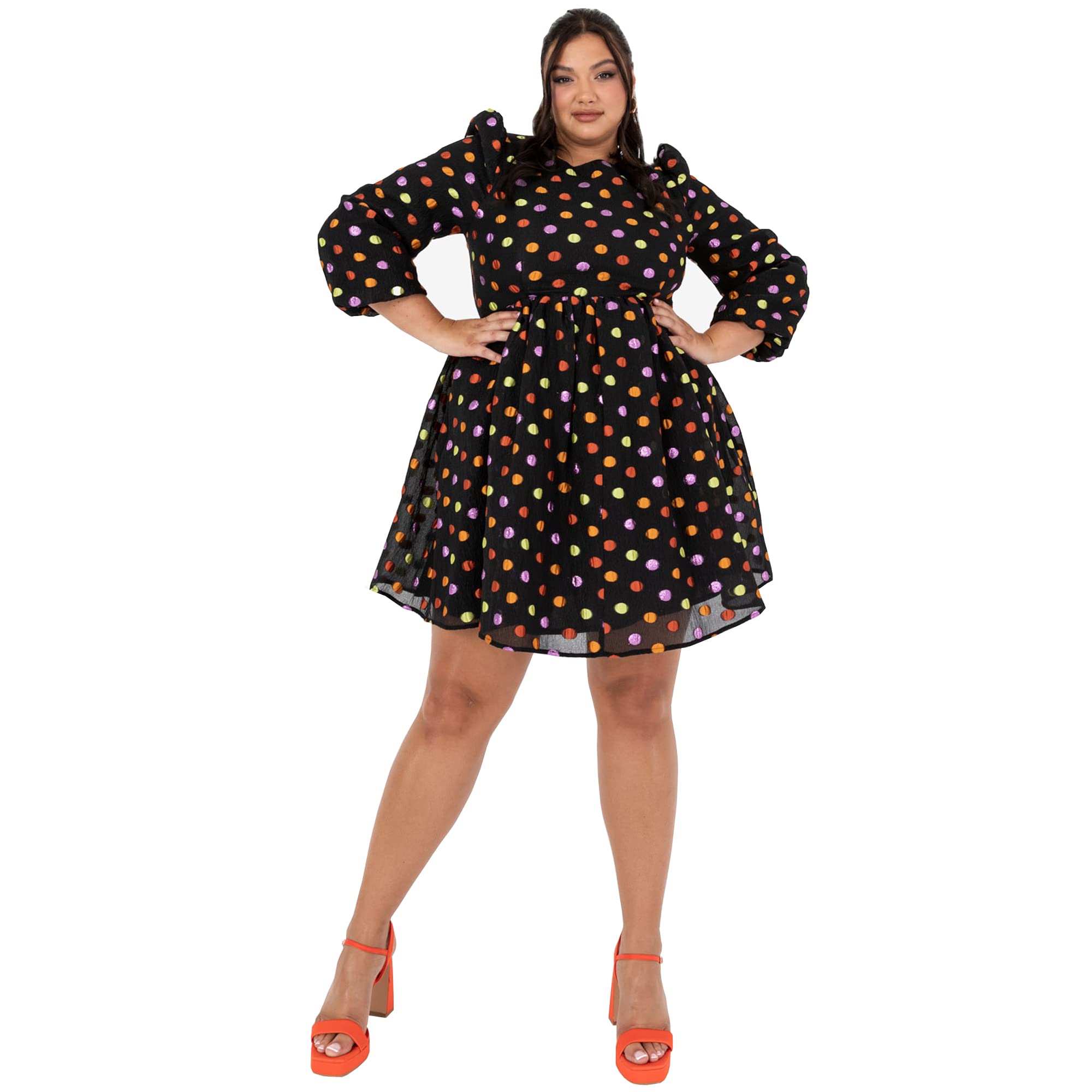 Lovedrobe Womens Ladies Mini Dress Plus Size with Pockets Polka Dot Keyhole Back Smock Long Sleeve Bow Tie Short Curve Organza Women's Cocktail Dress, Black, 16