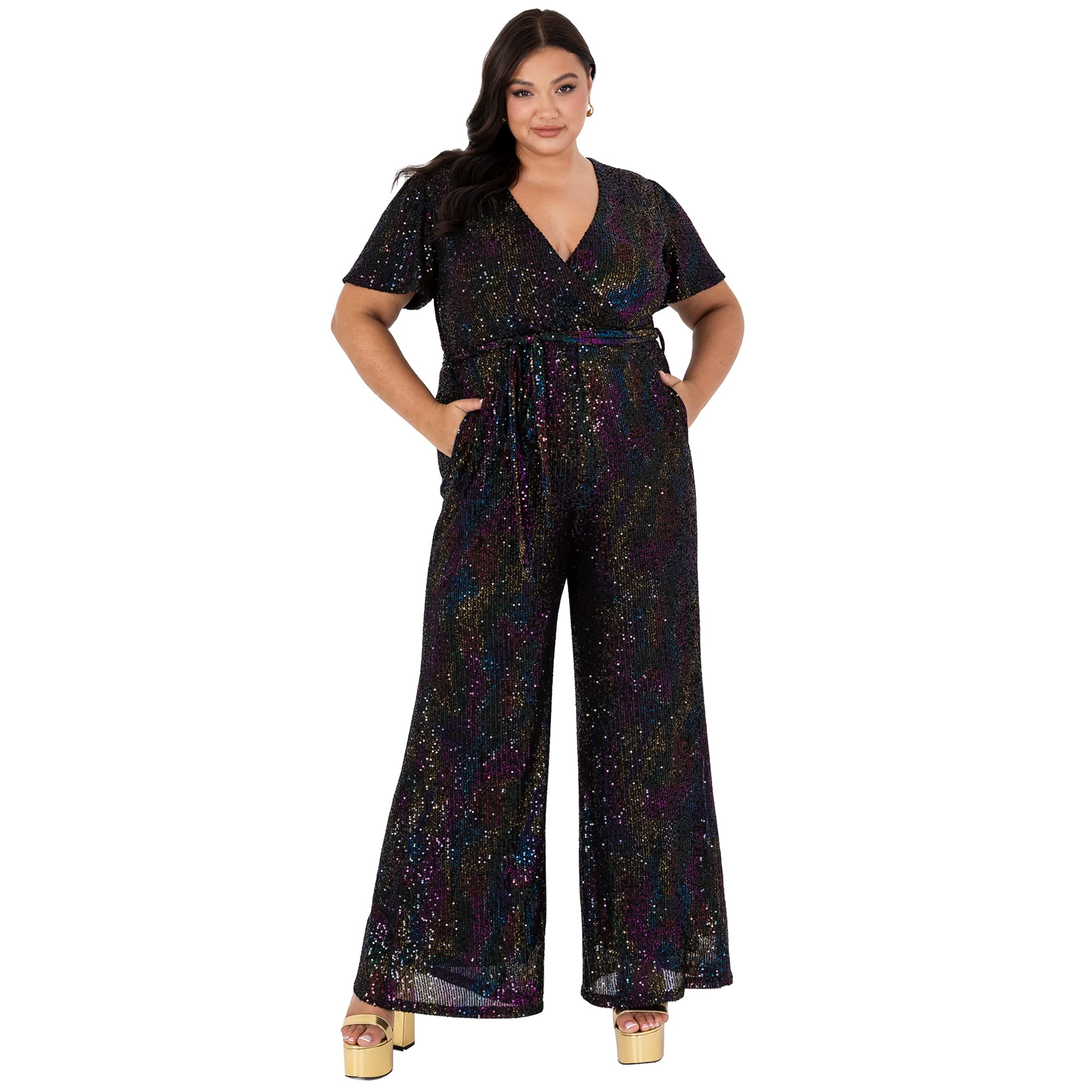 Lovedrobe Ladies Plus Size Jumpsuit Playsuit for Women Black Sequin Short Sleeve Plunging Neck Plus Size Curve Big and Tall Belt Size 24