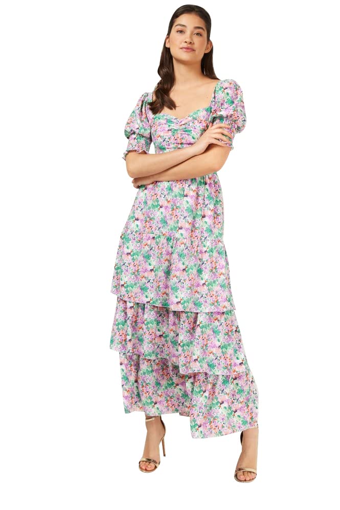Little Mistress Women's Nicola Floral Print Frill Maxi Dress, Multicolour, 14 UK