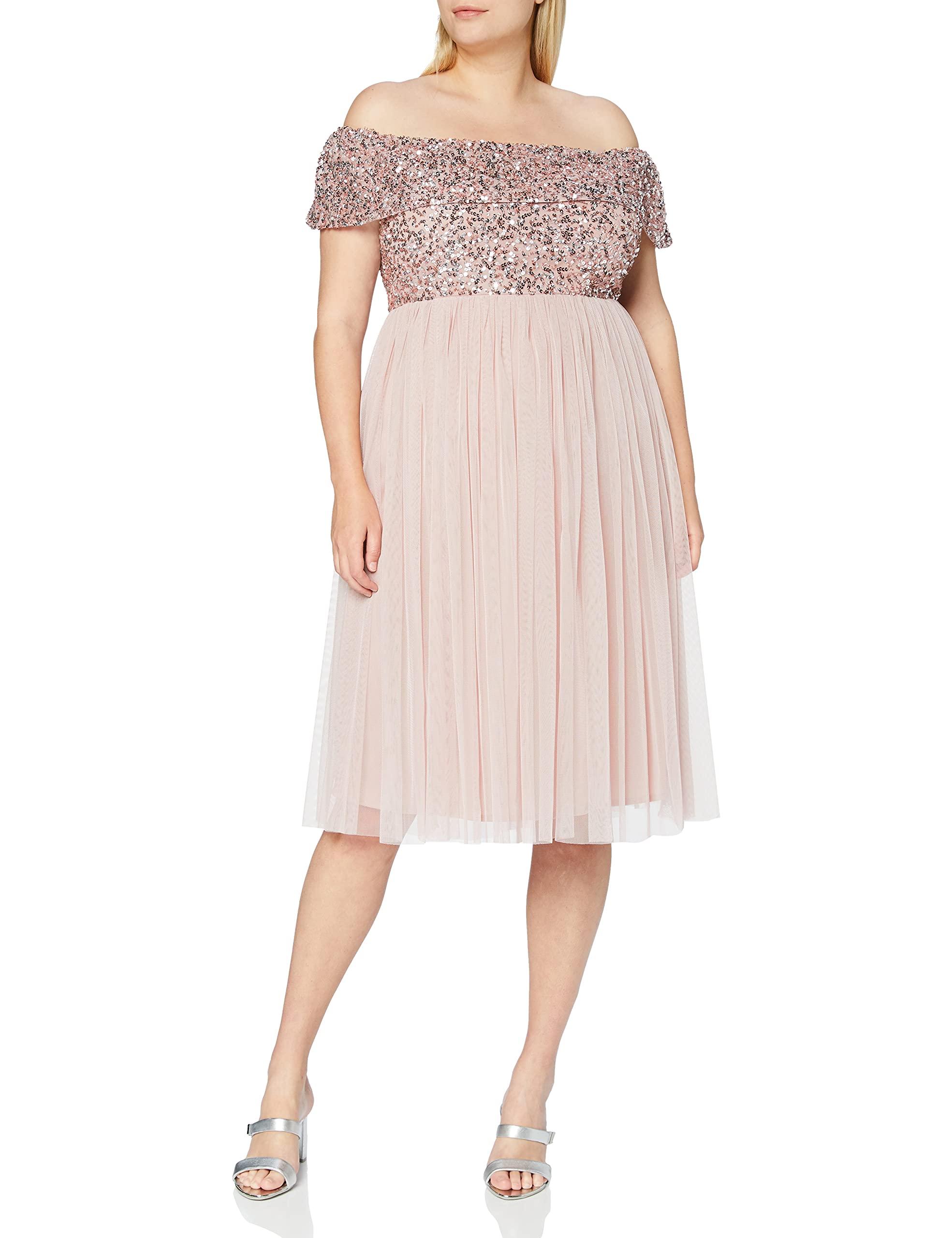 Maya Deluxe Women's Ladies Bardot Dress Midi Embellished High Empire Waist Sleeveless Tulle for Wedding Guest Prom Graduation Bridesmaid, Frosted Pink, 20