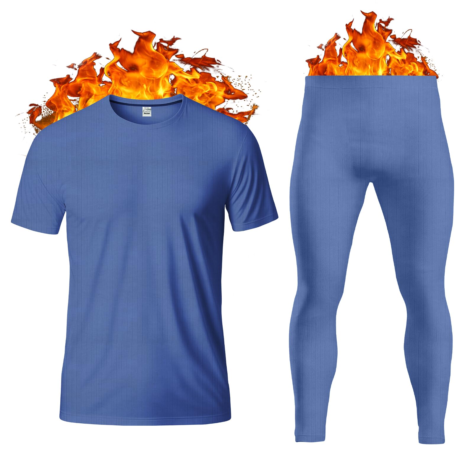Thread Linens Men's Thermal Underwear Set Base Layer - Short Sleeve T-Shirt/Vest/Top and Long Johns For Men Ultra Soft Warm Underwear Man Body Warmer Size S-XXL (Blue, L)