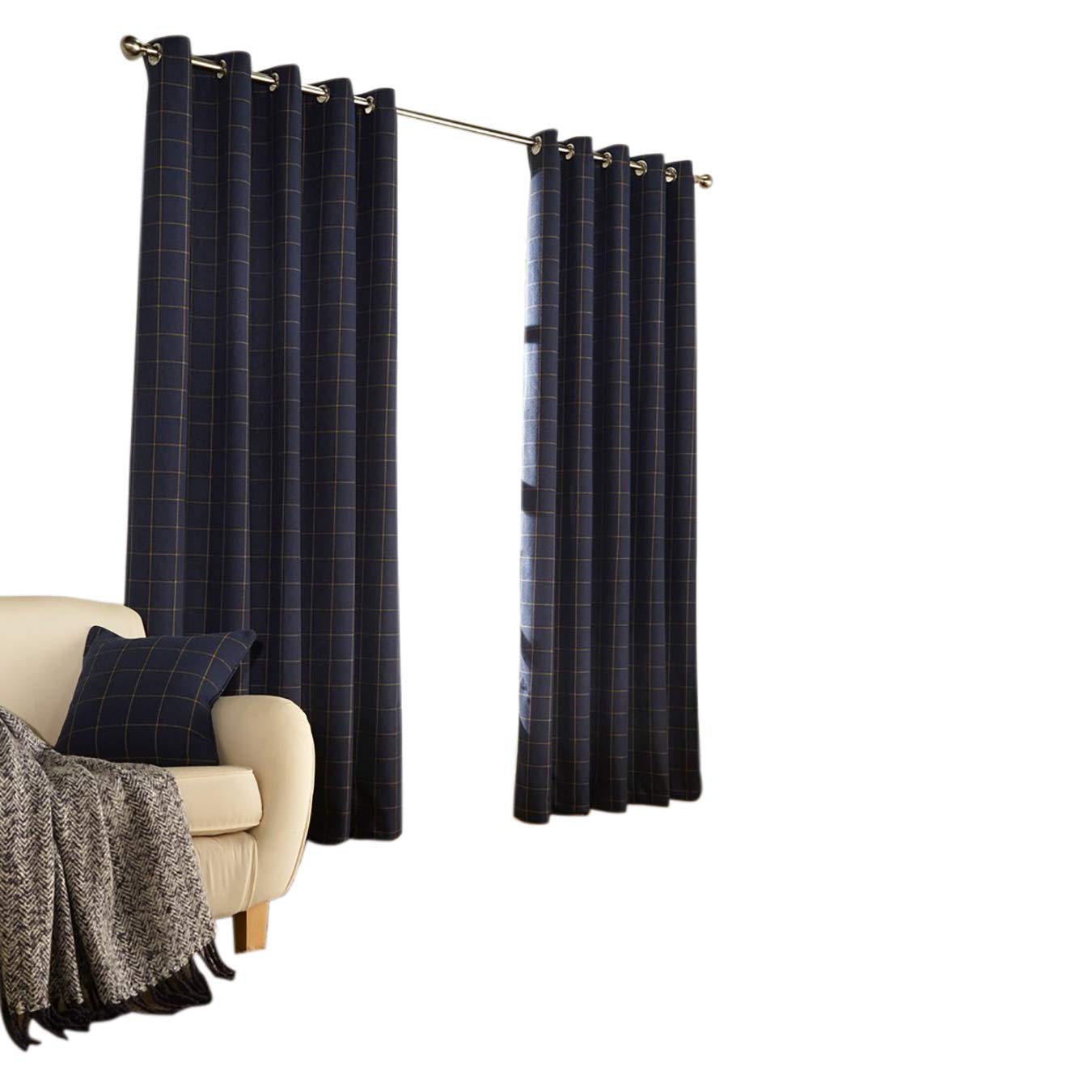 Furn Ellis Ringtop Eyelet Curtains (Pair) -Ready Made-Polyester-Navy-229cm x 183cm, Polyester, Navy, 229 x 183cm (90" x 72" inches)
