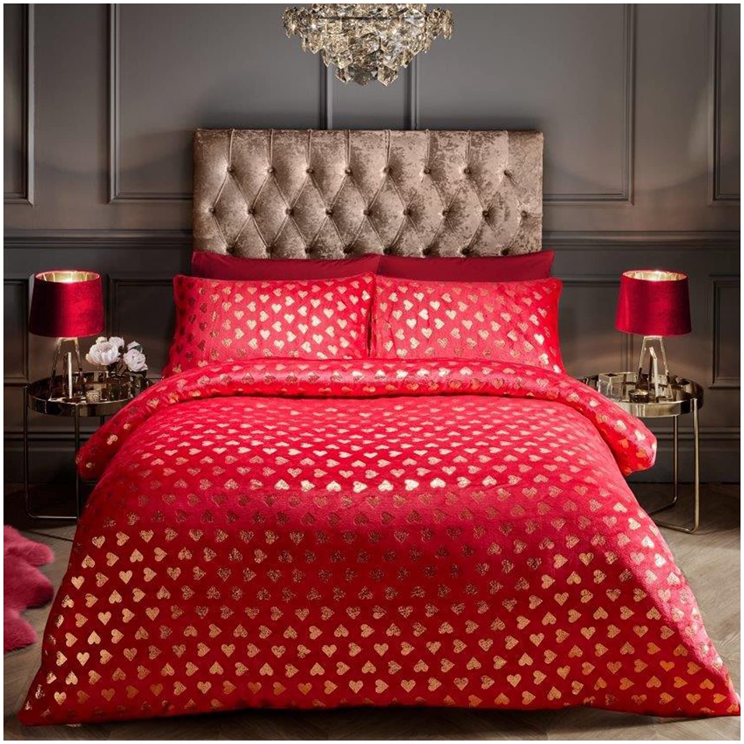 GC GAVENO CAVAILIA Gaveno Cavailia Teddy Fleece Heart Foil Deep Red, Super Soft Fluffy Cosy Warm Shiny Bedding, 3 Piece Easy Care DuvetCover Bedlinen, 1 Quilt Cover and 2 Pillow Cases, King Duvet Set