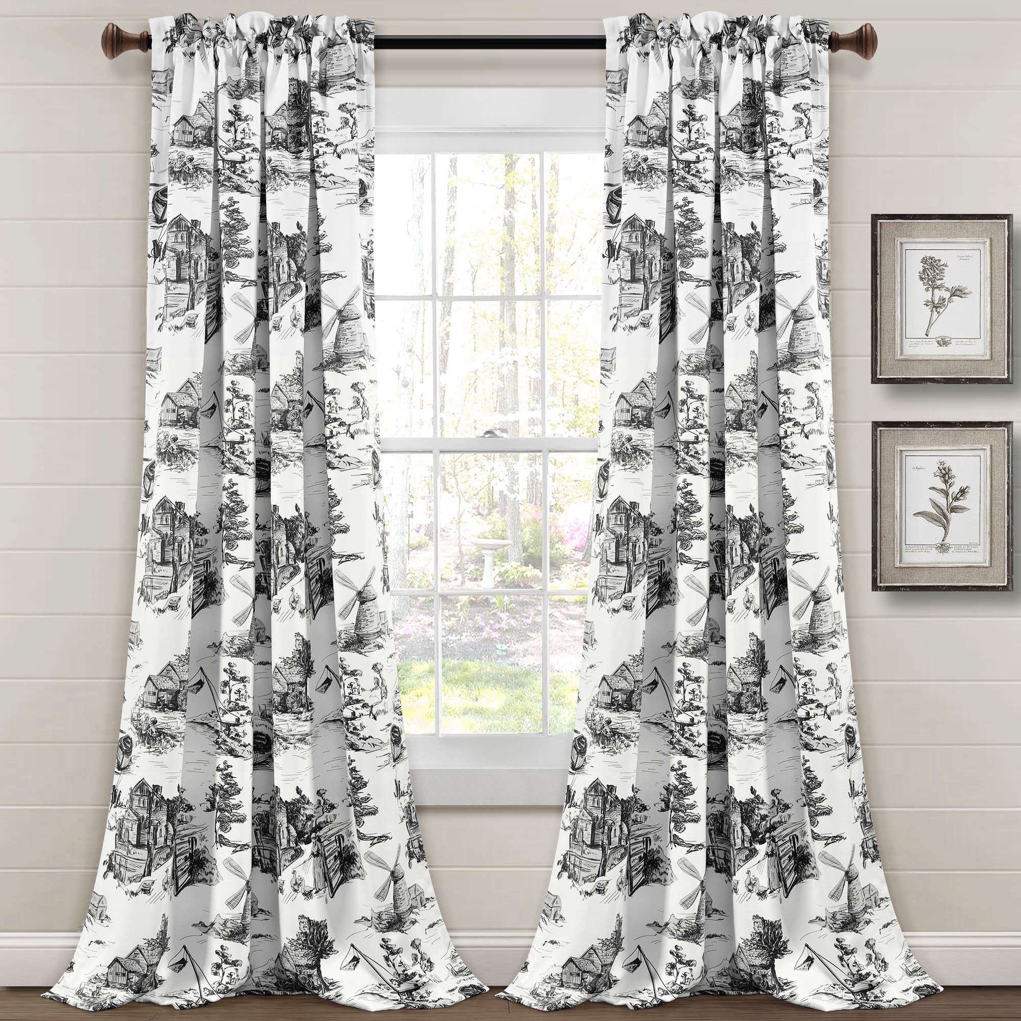 Lush Decor French Country Toile Room Darkening Window Curtain Panel Pair, 52" W x 95" L, White & Charcoal