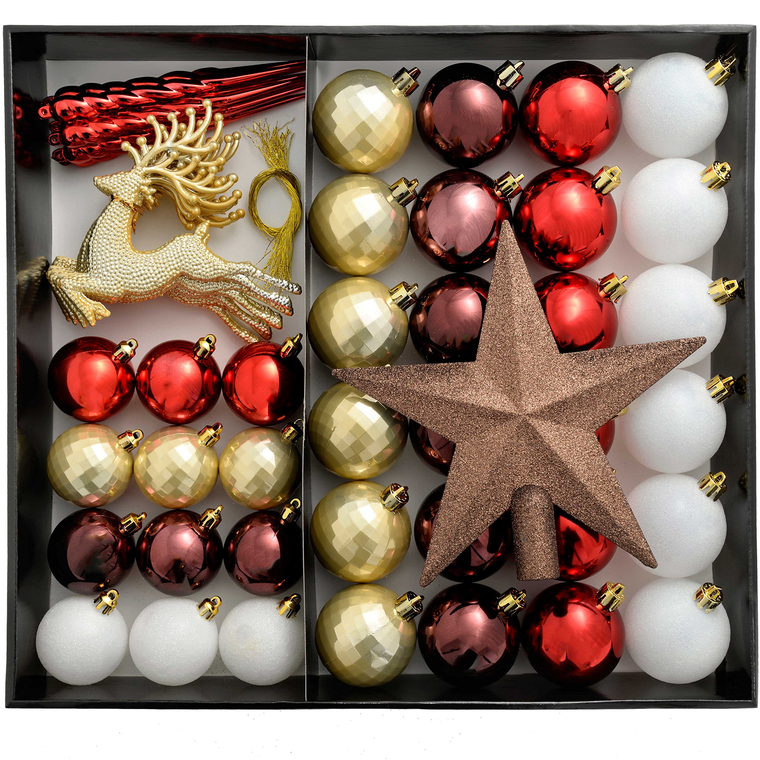 WeRChristmas Shatterproof Luxury Christmas Tree Baubles - 50-Piece, Red/White/Gold/Chocolate/Berry