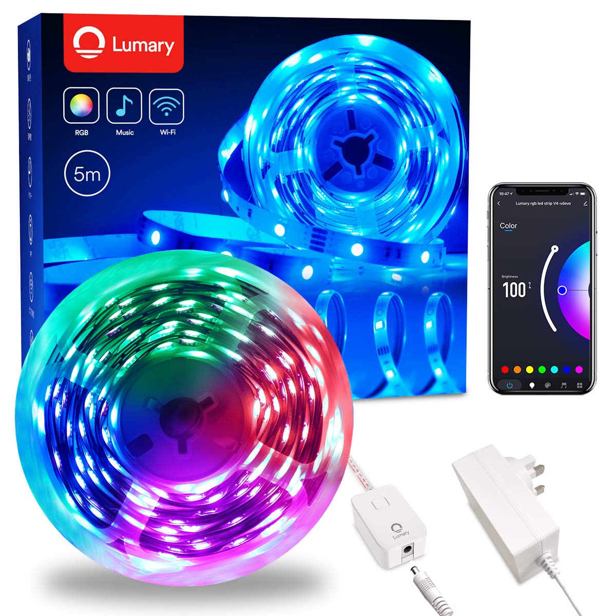Lumary 5M LED Alexa Strip Lights, Smart Wi-Fi APP Control, 12V Low Voltage SMD 5050 RGB Multicolour Changing LED Strip 2700-6000K, Compatible with Alexa, Google for Home TV Christmas Party DIY