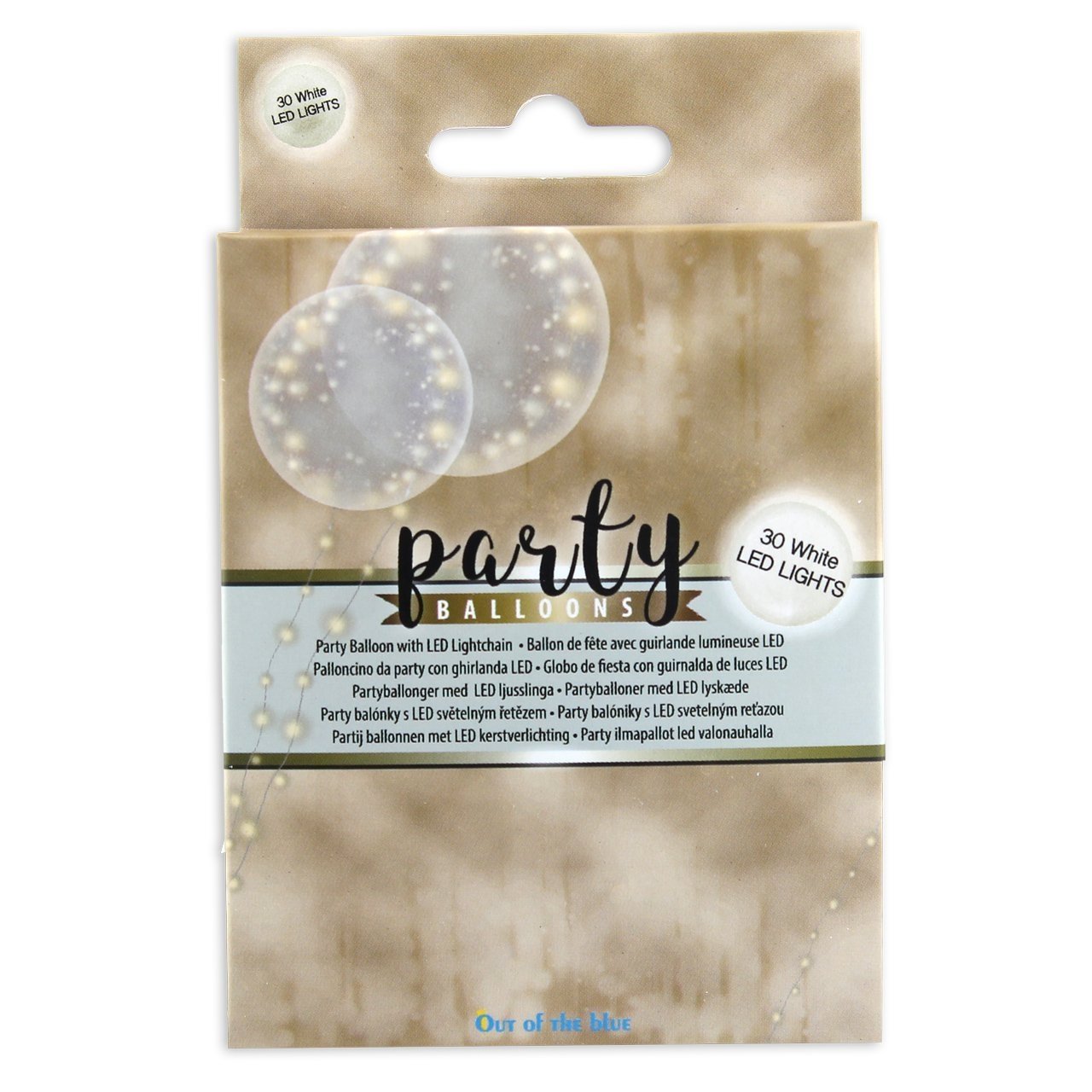 Party Foil Balloon, ca. 45 cm (inflated) with lightchain, ca. 3 m & 30 white LED, for 3 mignon batteries (AA) to be filled with helium, in packaging with header card, 24 pcs per display box