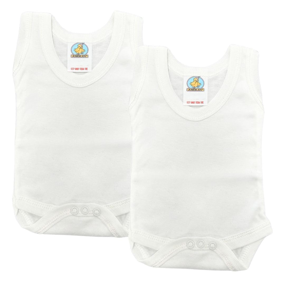 Junior Joy 6-12 Months Baby Bodysuits, 100% Cotton, Soft & Durable, Round Neck, No Sleeves, Popper Fastening for Easy Nappy Change, Pack of 2