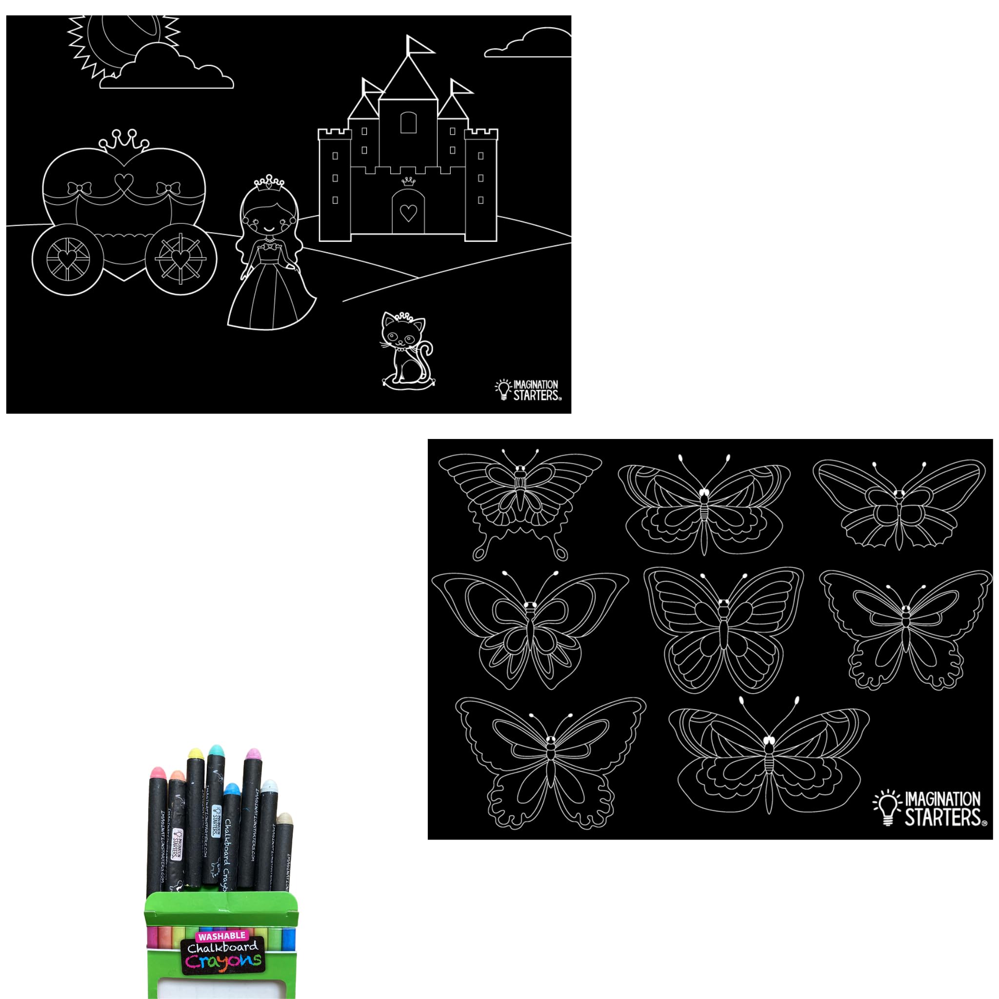Imagination Starters - Princess & Butterfly Placemats, Travel Colouring Set, Travel Games for Kids, 2 Double-Sided Mats & 4 Washable Crayons, Travel Toys for Toddlers on Plane