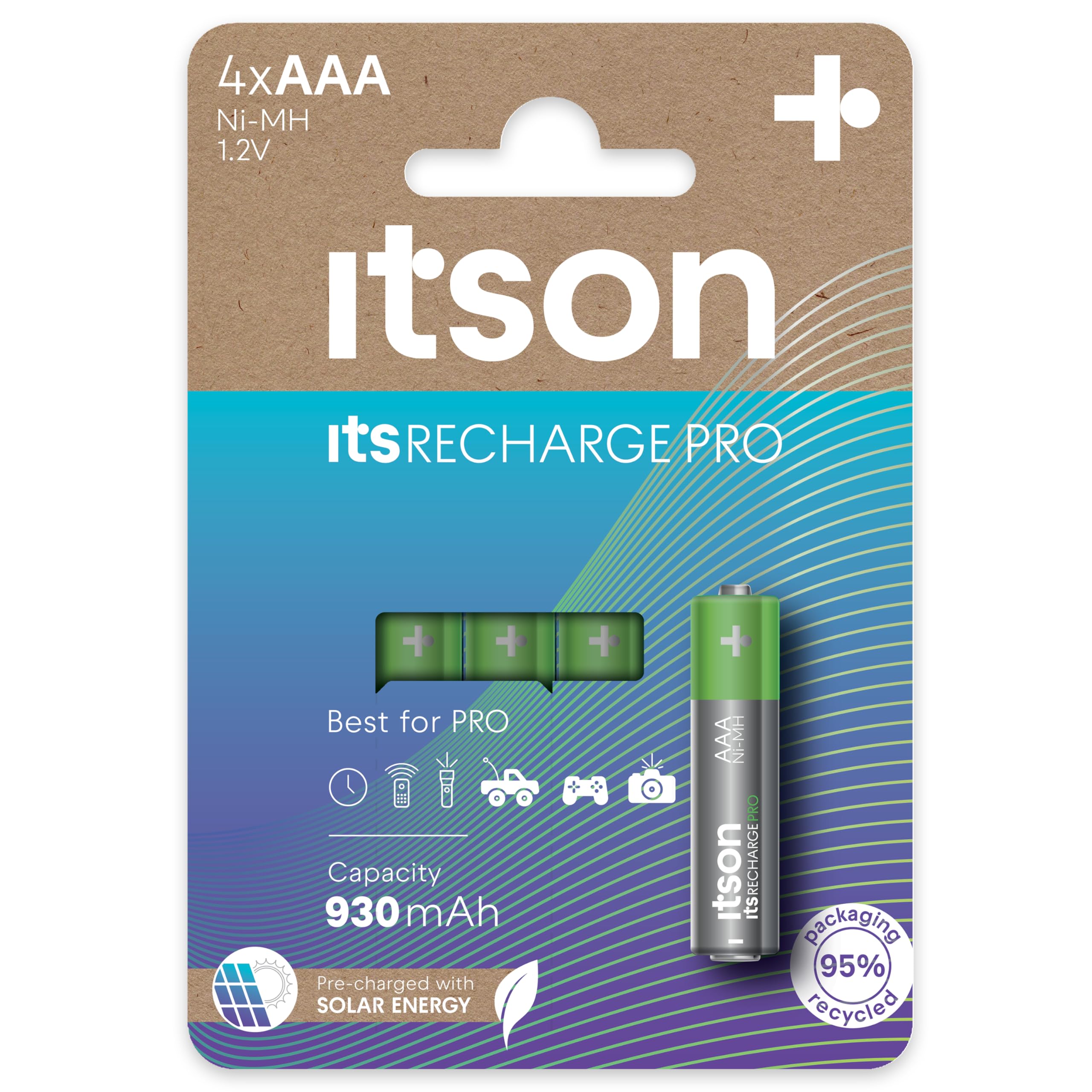 ITSON, AAA rechargeable battery, PRO, pack of 4, powerful rechargeable batteries, min. capacity of 930 mAh, pre-charged, packaging made of 95 Percent recycled materials, made in Japan