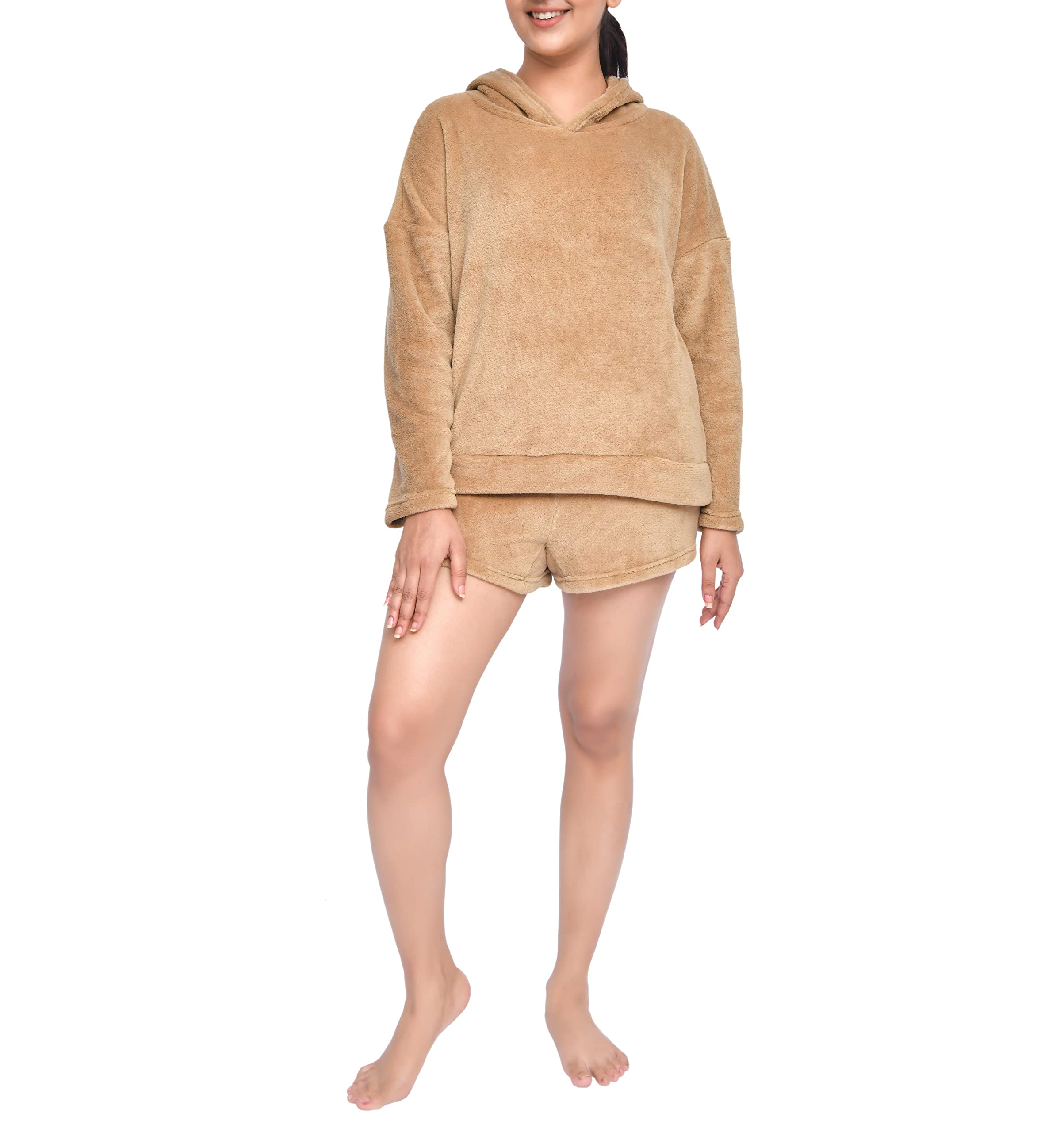 Sleepdown Womens Ladies Luxury 2 Piece Coral Fleece Hoodie And Short Set Cosy Loungewear - L - Toffee