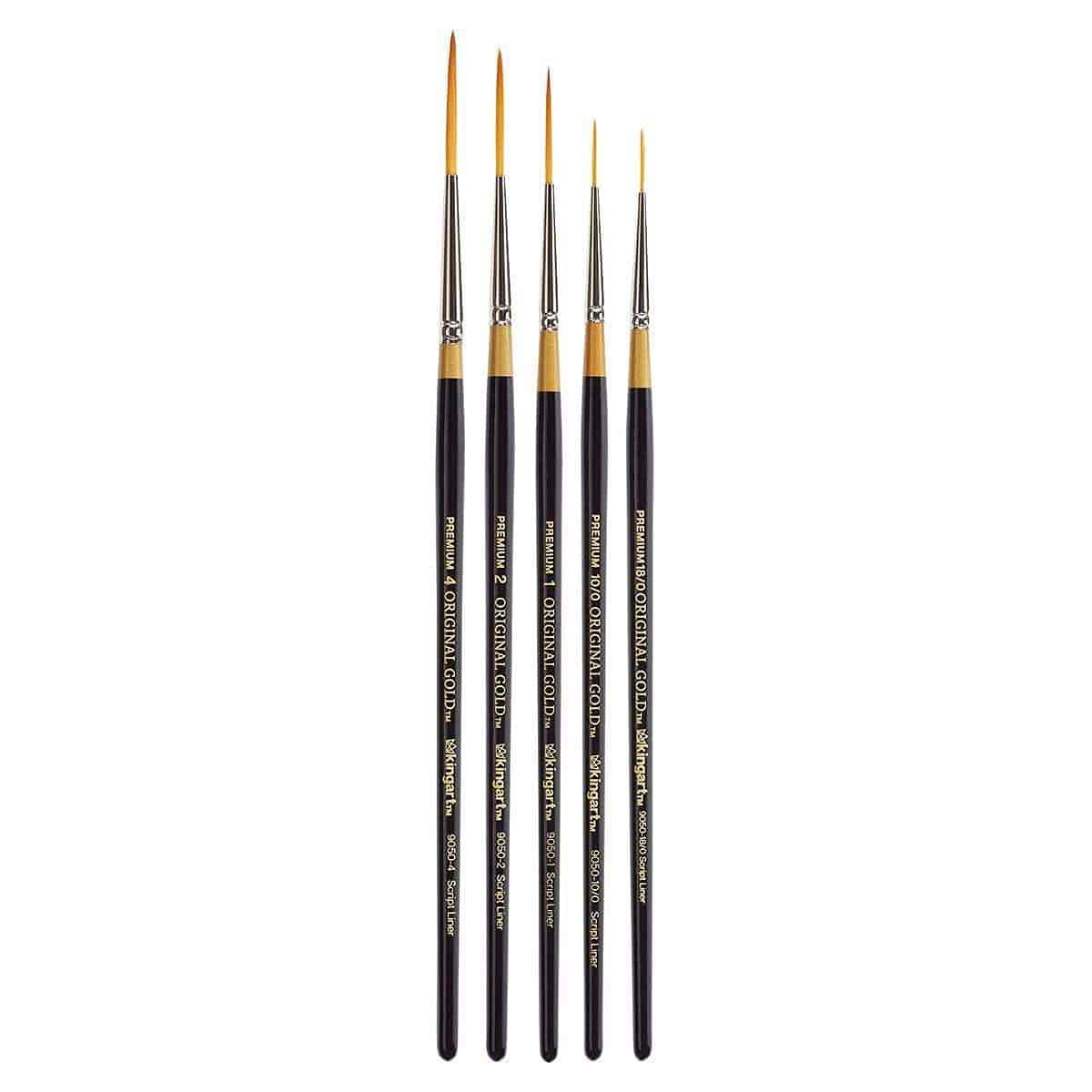 KINGART B-030 Premium 5 pc. Original Gold 9050 Series Script Liner Brush Set, Synthetic Golden Taklon for Acrylic, Oil, Watercolor Paint, Short Handle, 5 Brushes Sizes: 18/0, 10/0, 1, 2, 4