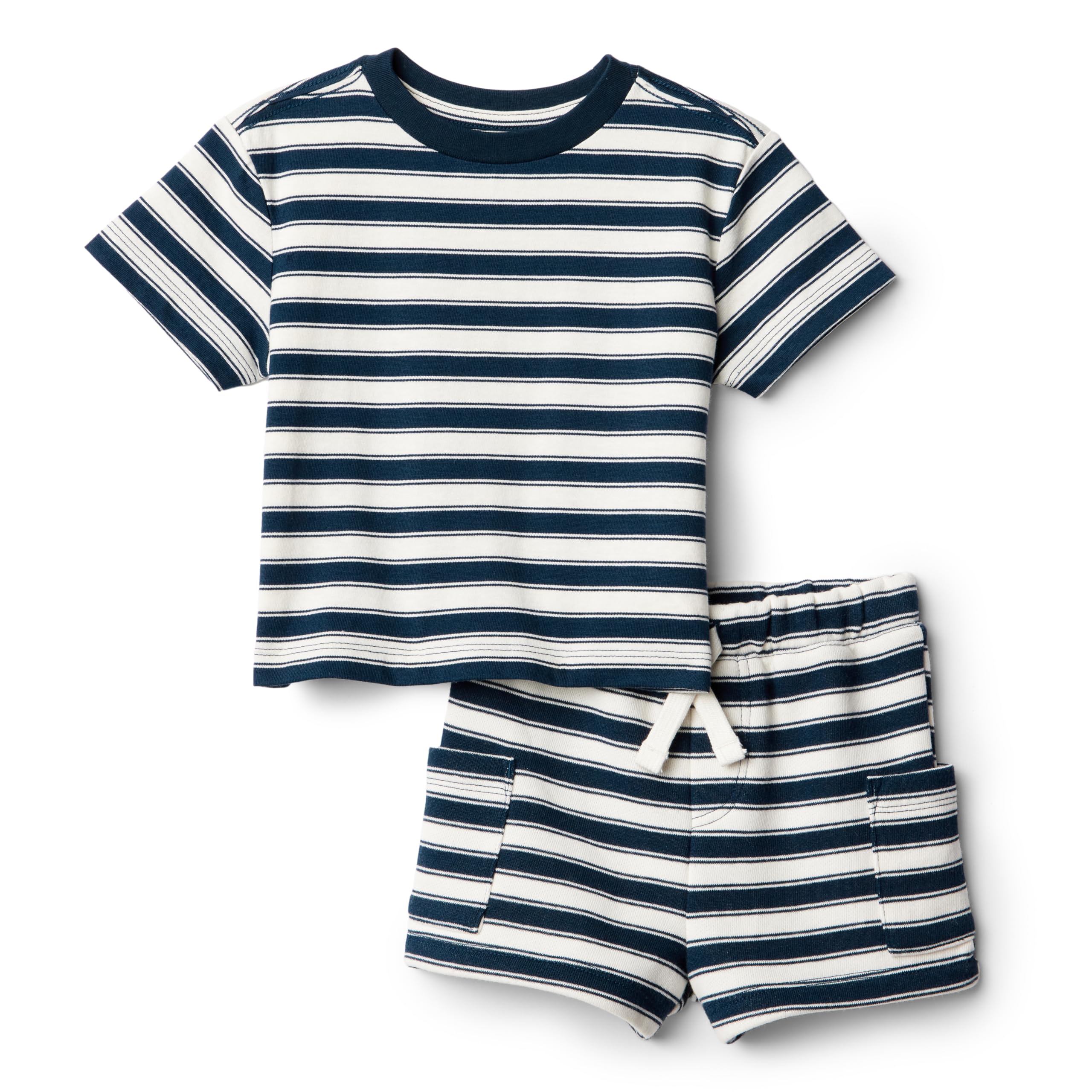 Amazon Essentials x Sofia Grainge Boys' Regular Fit T-Shirt and Short Set, Ivory Navy Stripes, 2 Years