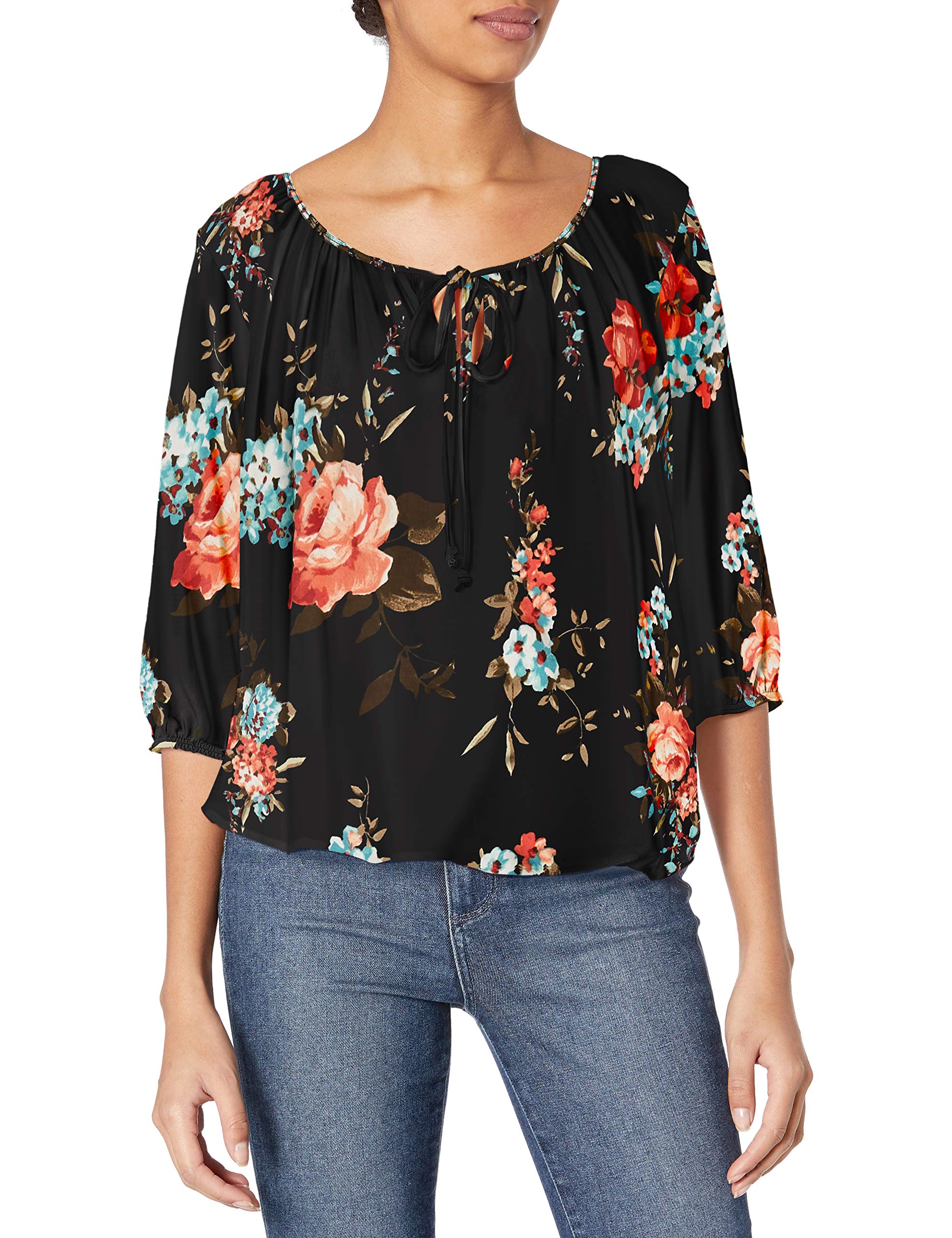 Star Vixen Women's 3/4 Sleeve Peasant Top Shirt, Dark Flowers, 2X