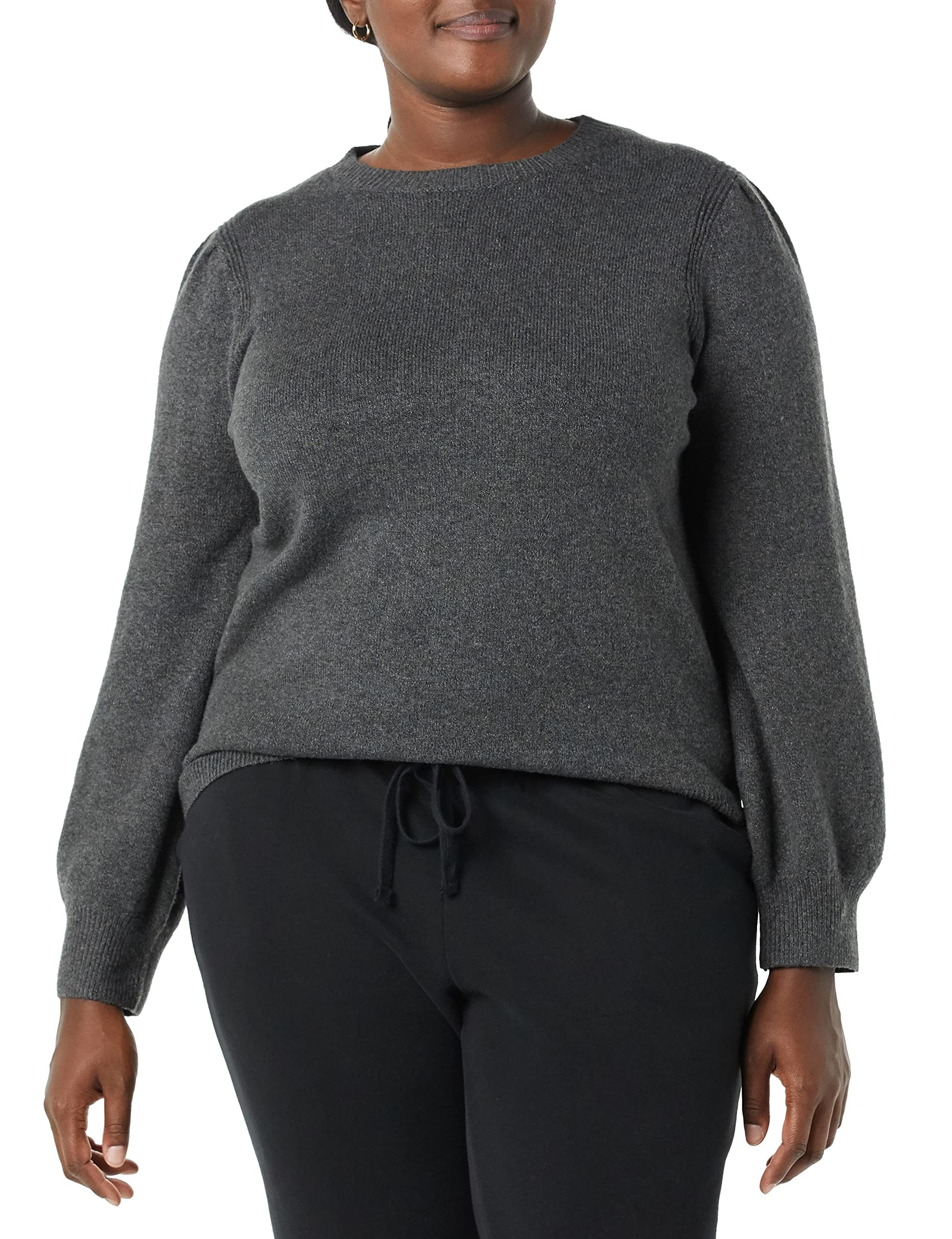 Amazon Essentials Women's Soft Touch Pleated Shoulder Crewneck Jumper, Charcoal Heather, L