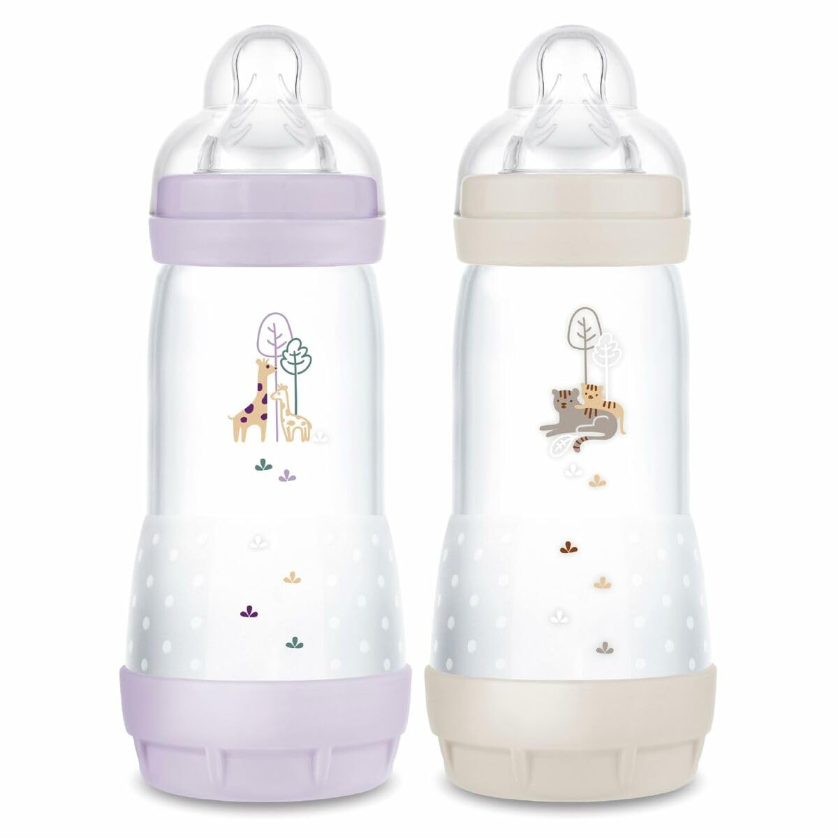 MAM Easy Start Anti-Colic Baby Bottle, 4+ Months, Fast Flow (2 x 320 ml) Lilac + Sand - Bottle to Reduce Colic and Baby Discomfort - Baby Bottle Suitable for Breastfeeding