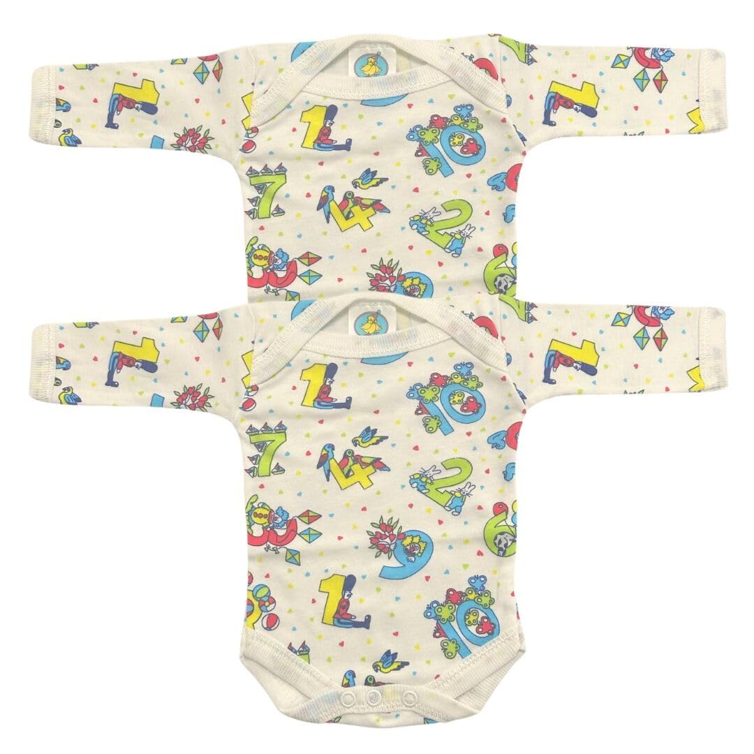 Junior Joy 6-12 Months Baby Printed Bodysuits Cream, 100% Cotton, Super Soft, Long Sleeves, Envelope Neck, Popper Fastening for Easy Nappy Change, Durable, Machine Washable, Pack of 2